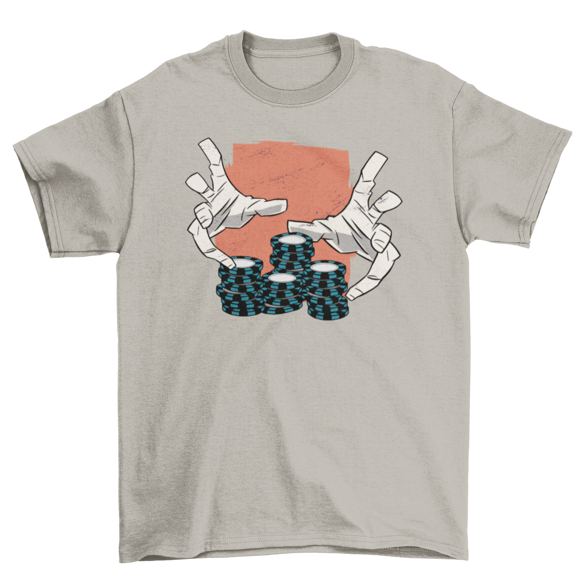 Casino Hands T-Shirt featuring two hands holding poker chips, stylish design.