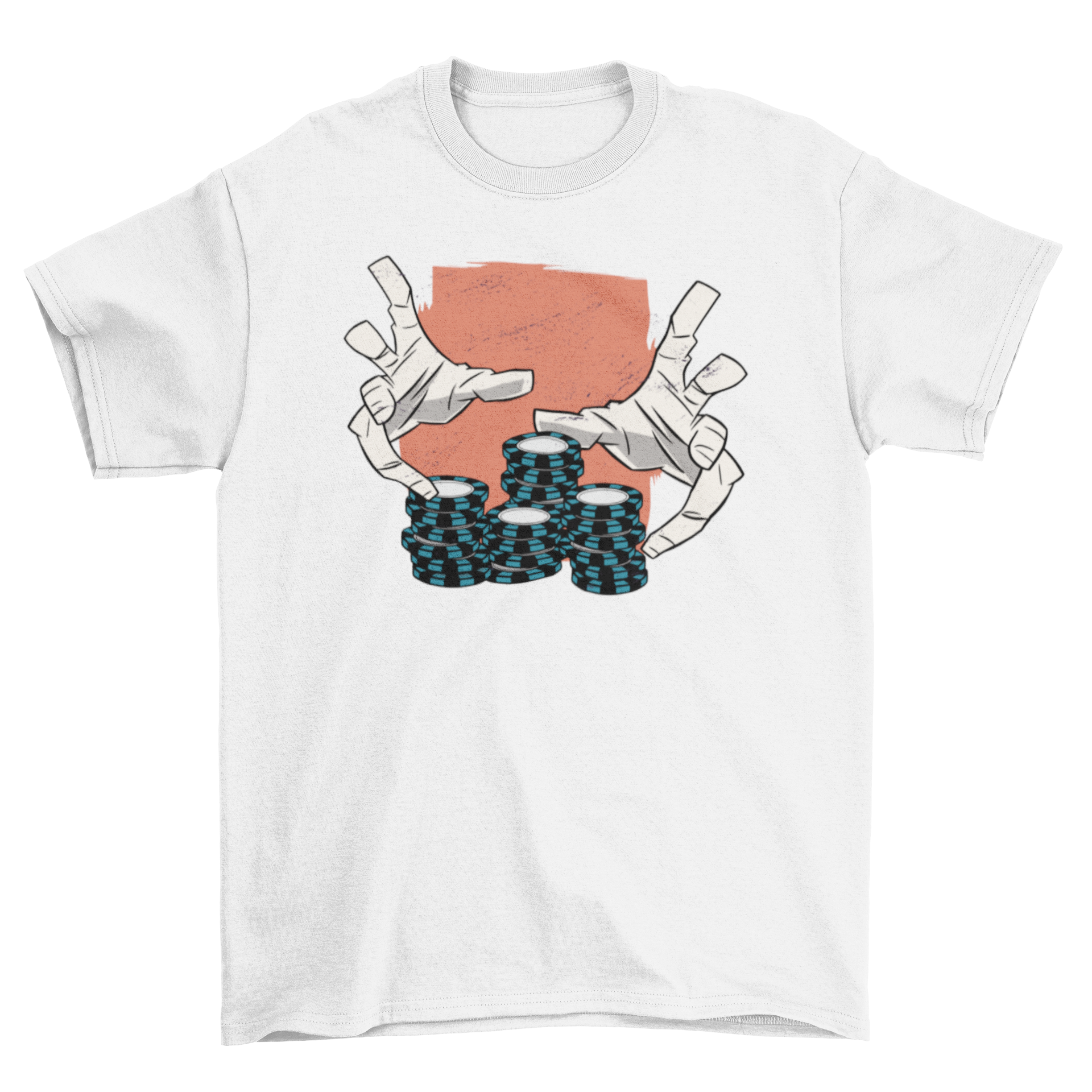 Casino Hands T-Shirt featuring two hands holding poker chips, stylish design.