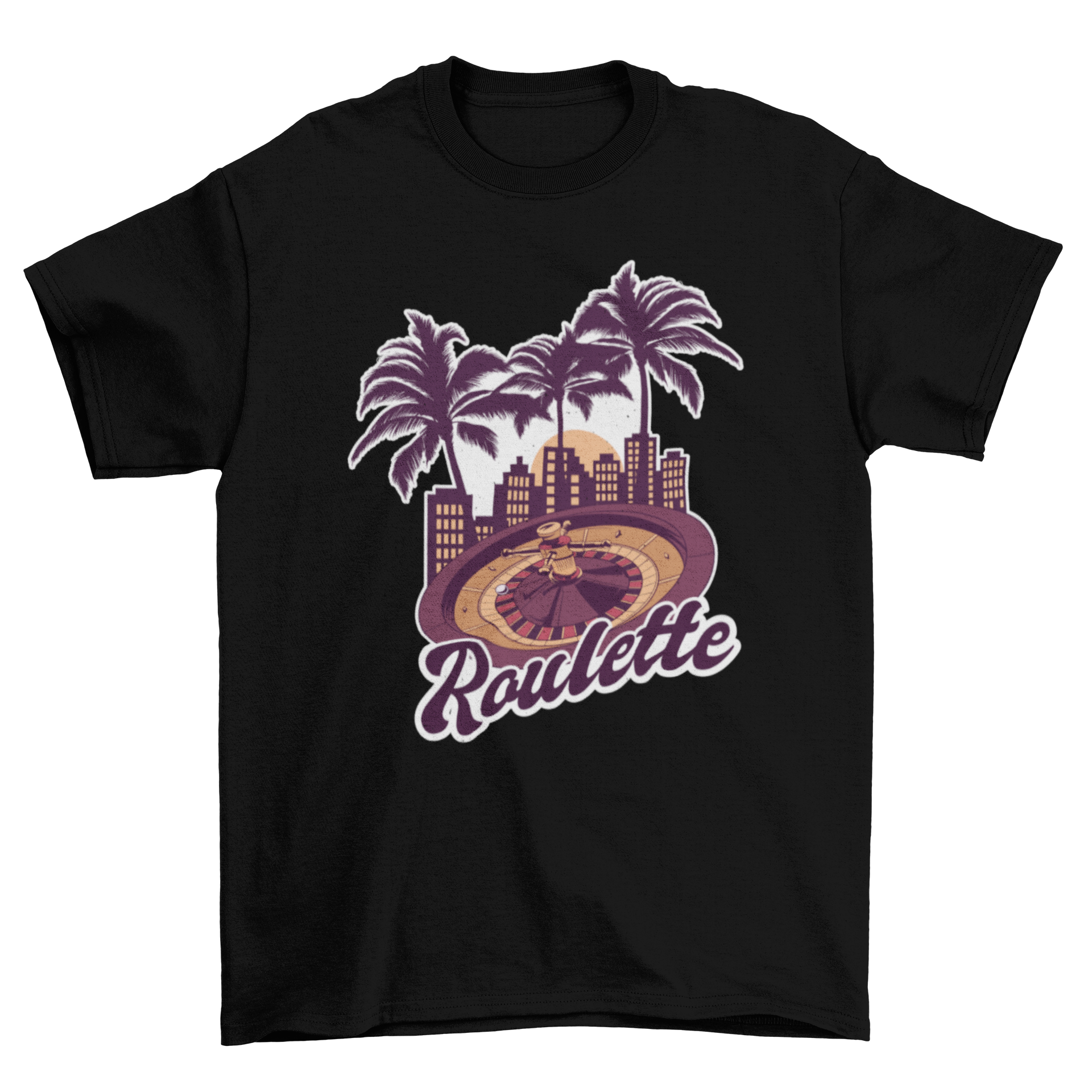 Casino Roulette T-shirt featuring palm trees and roulette design with 'ROULETTE' lettering.