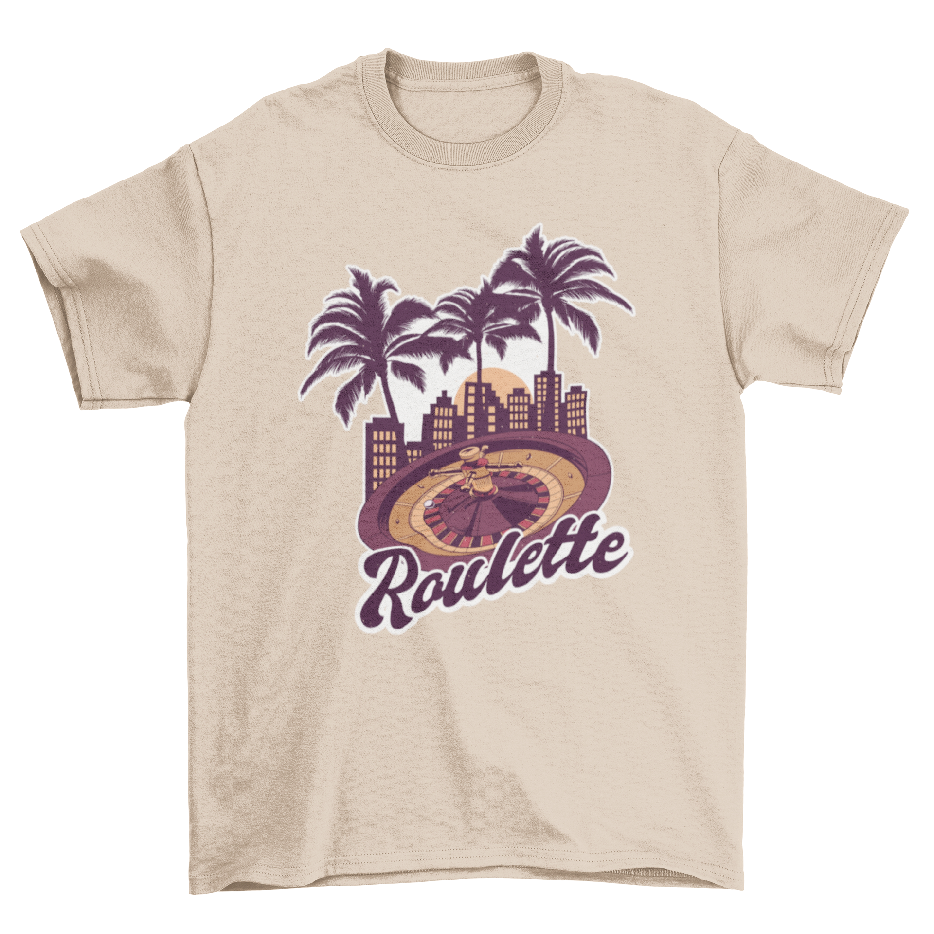 Casino Roulette T-shirt featuring palm trees and roulette design with 'ROULETTE' lettering.