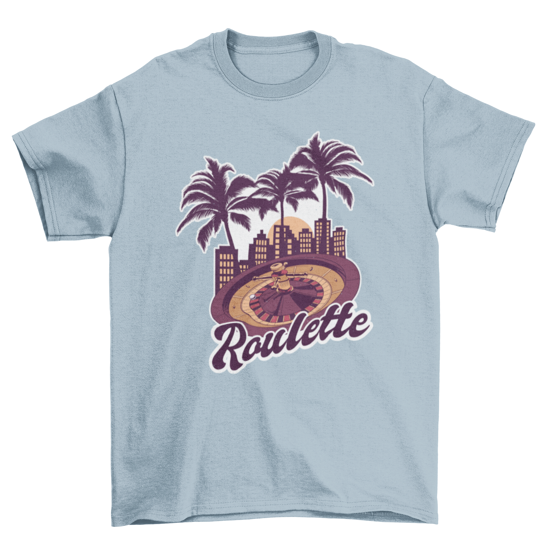 Casino Roulette T-shirt featuring palm trees and roulette design with 'ROULETTE' lettering.