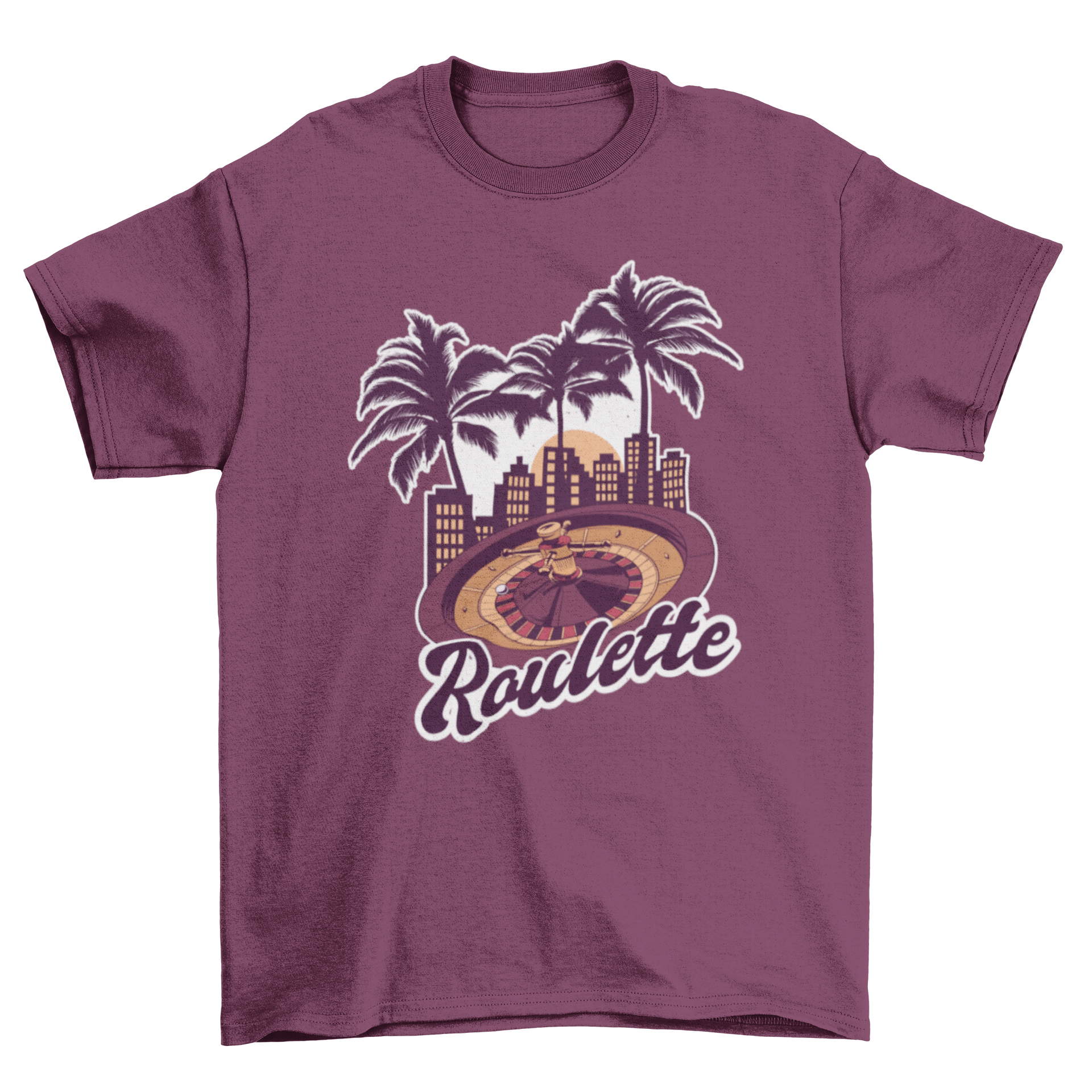 Casino Roulette T-shirt featuring palm trees and roulette design with 'ROULETTE' lettering.