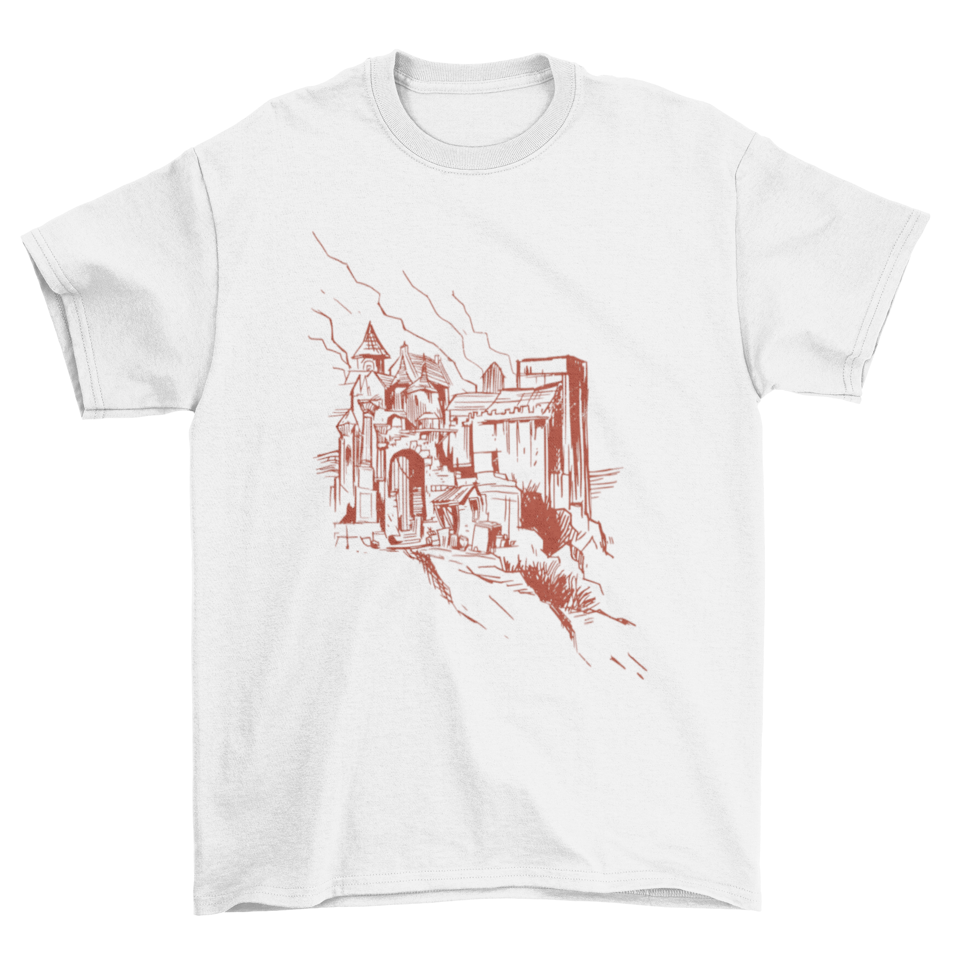 A stylish Castle t-shirt featuring a hand-drawn illustration of a castle on a hill, showcasing intricate details and artistic flair.