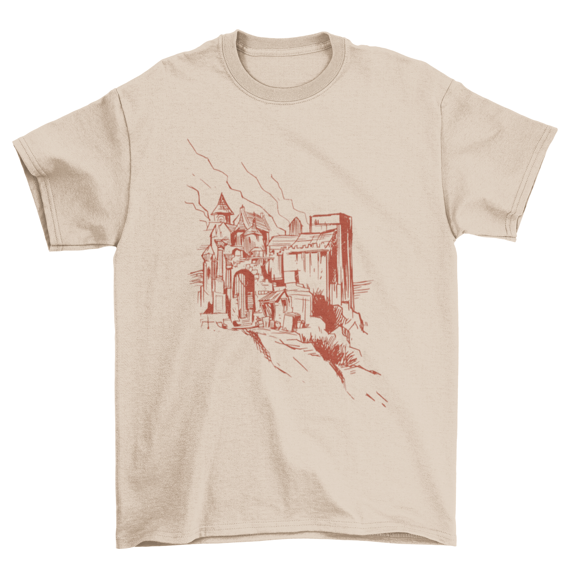 A stylish Castle t-shirt featuring a hand-drawn illustration of a castle on a hill, showcasing intricate details and artistic flair.