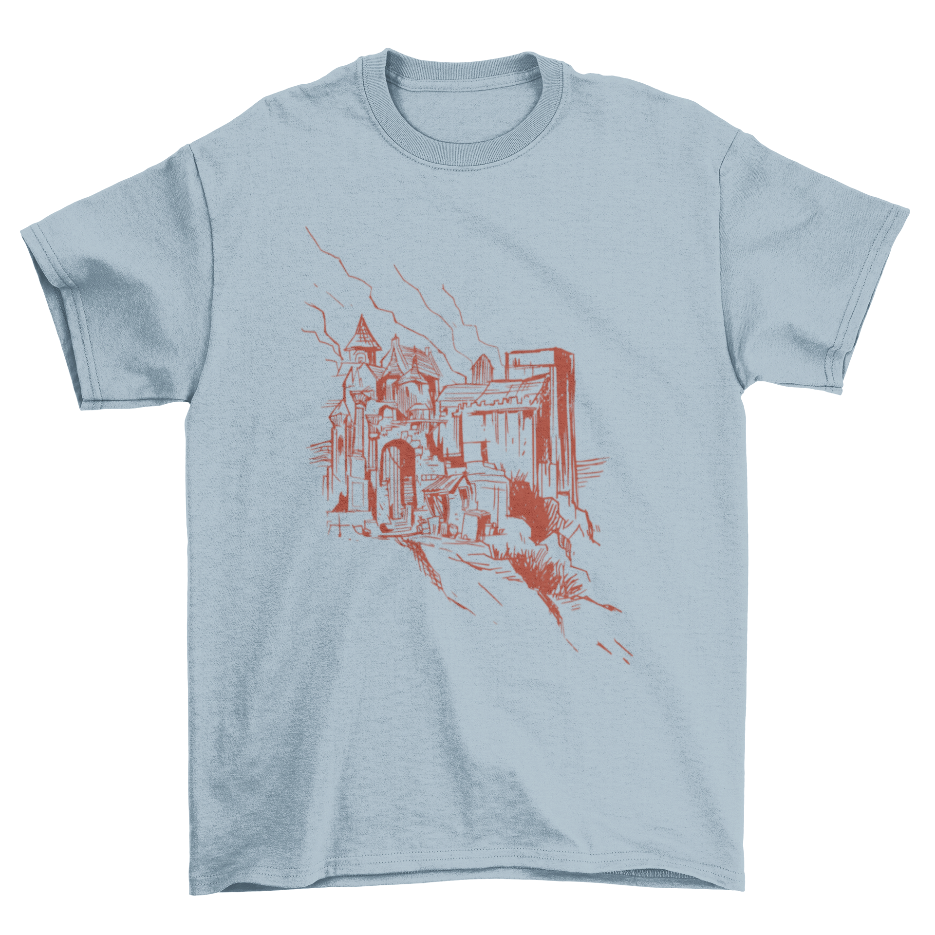 A stylish Castle t-shirt featuring a hand-drawn illustration of a castle on a hill, showcasing intricate details and artistic flair.