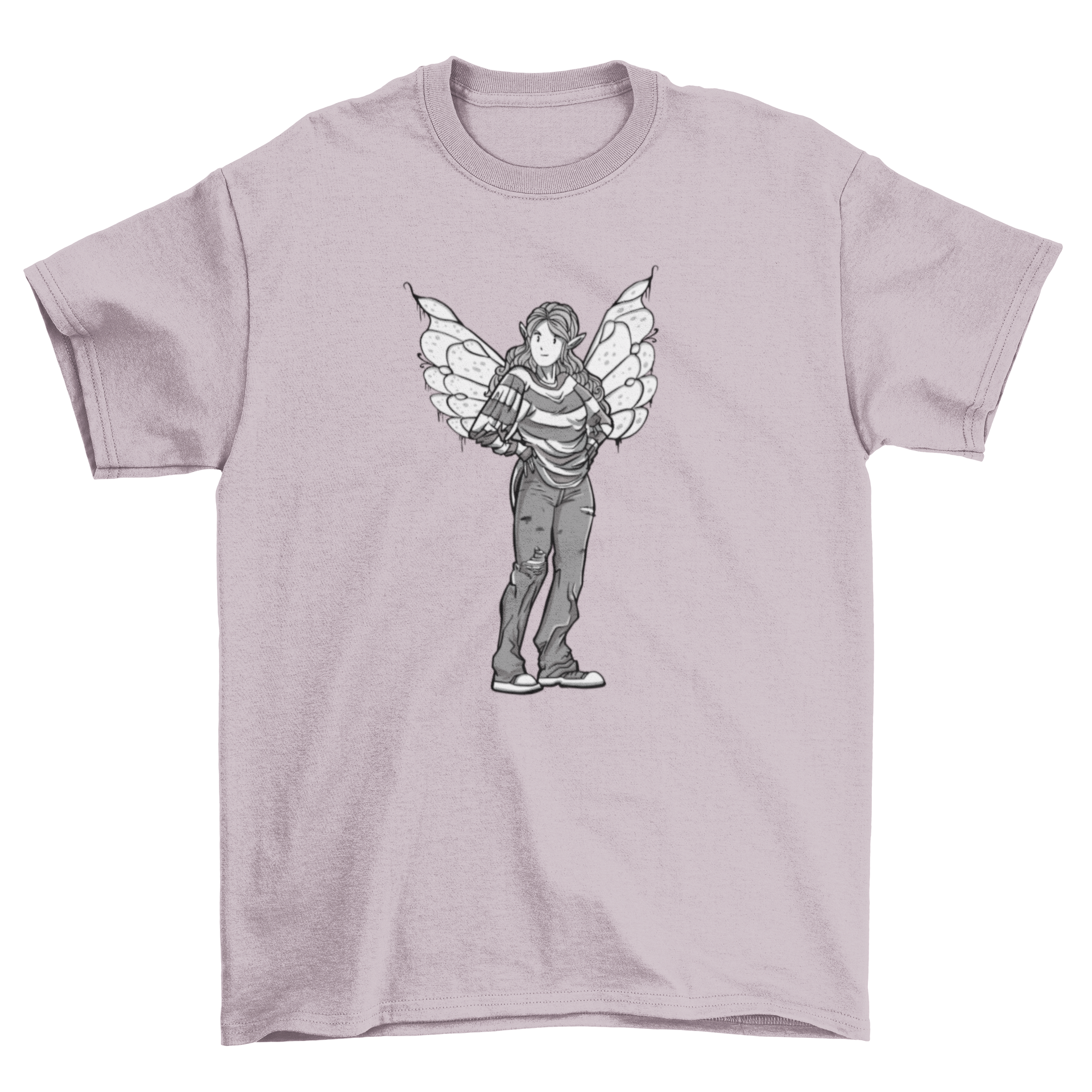 A casual t-shirt featuring a modern fairy girl design, showcasing vibrant colors and intricate details.