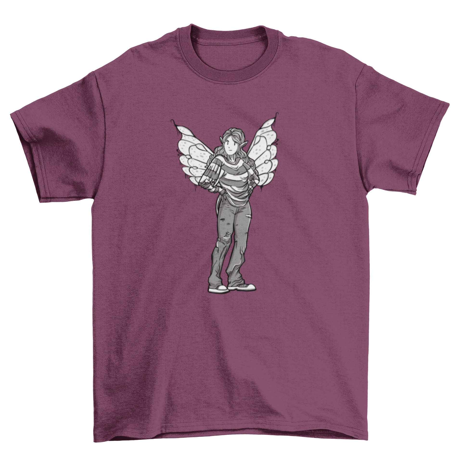 A casual t-shirt featuring a modern fairy girl design, showcasing vibrant colors and intricate details.