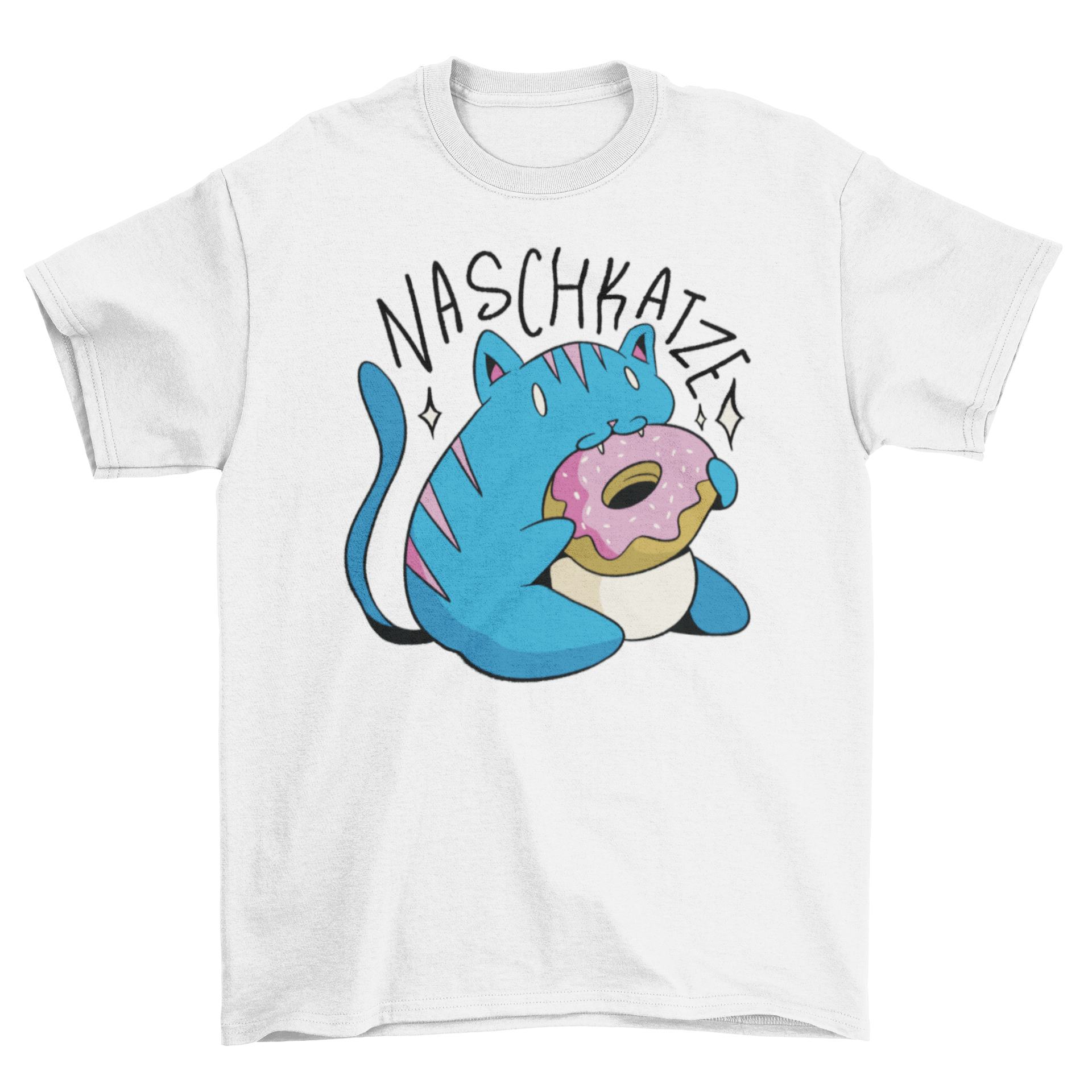 A cute Cat and Donut T-shirt featuring a playful cat eating a donut with the German quote 'Sweet Tooth'.