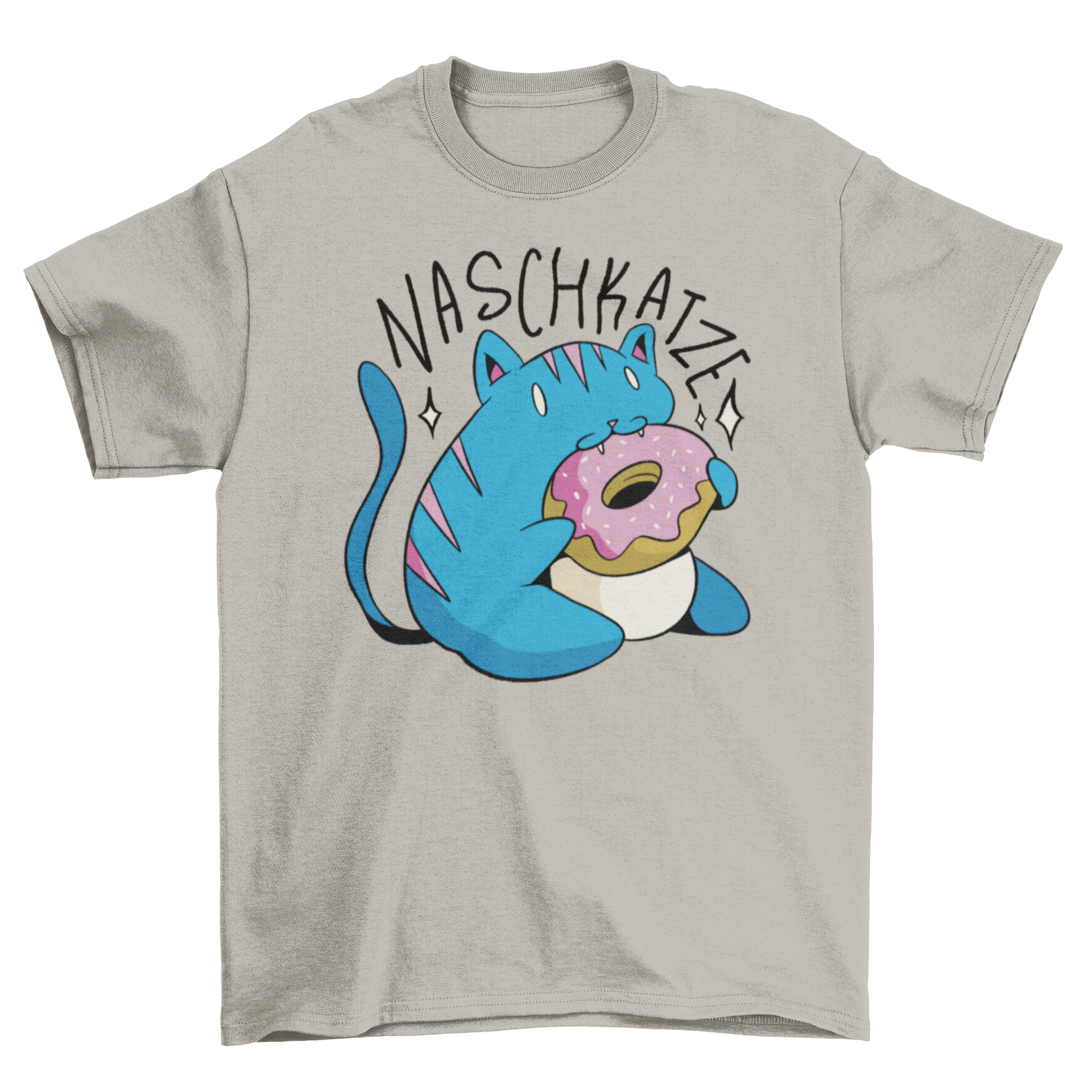 A cute Cat and Donut T-shirt featuring a playful cat eating a donut with the German quote 'Sweet Tooth'.