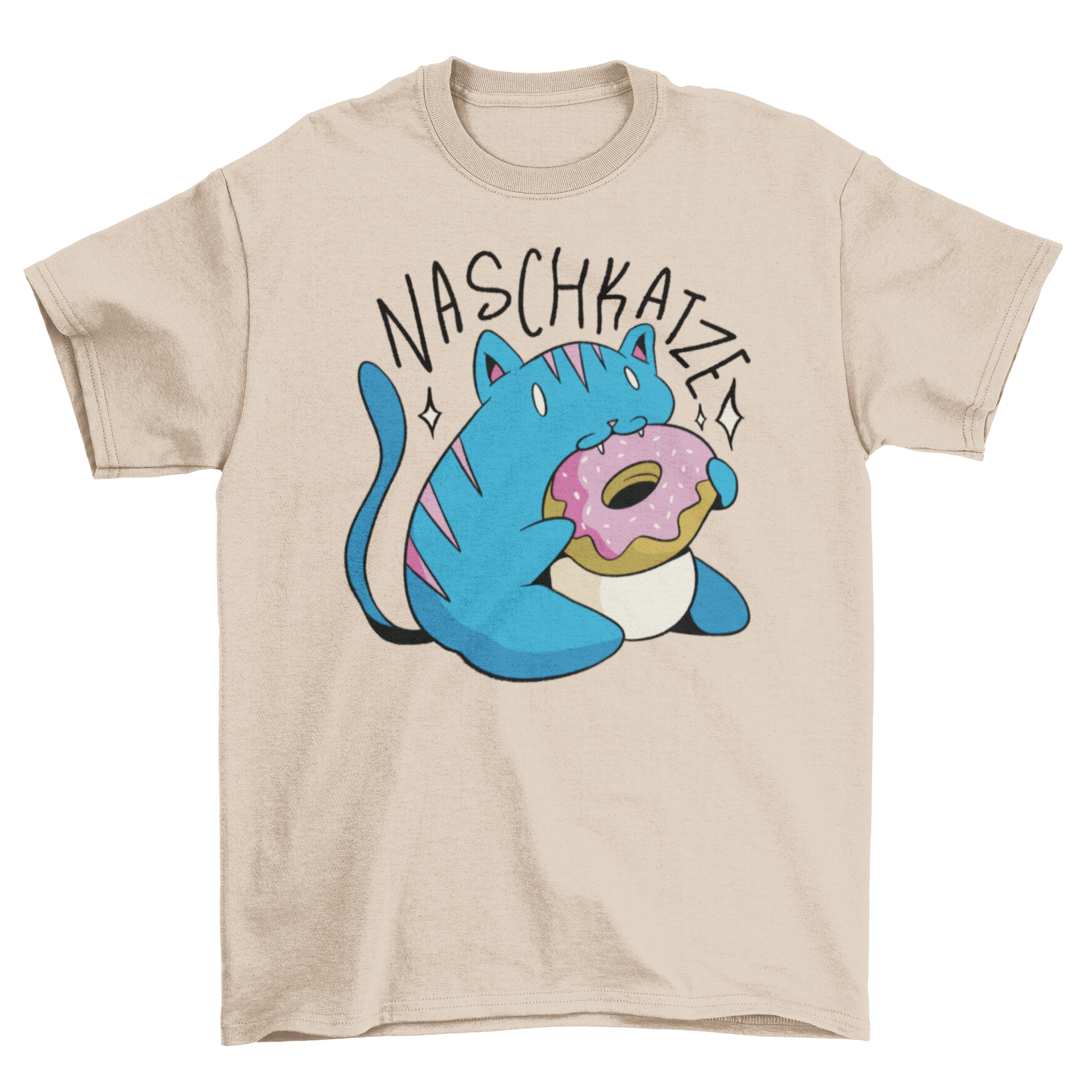 A cute Cat and Donut T-shirt featuring a playful cat eating a donut with the German quote 'Sweet Tooth'.