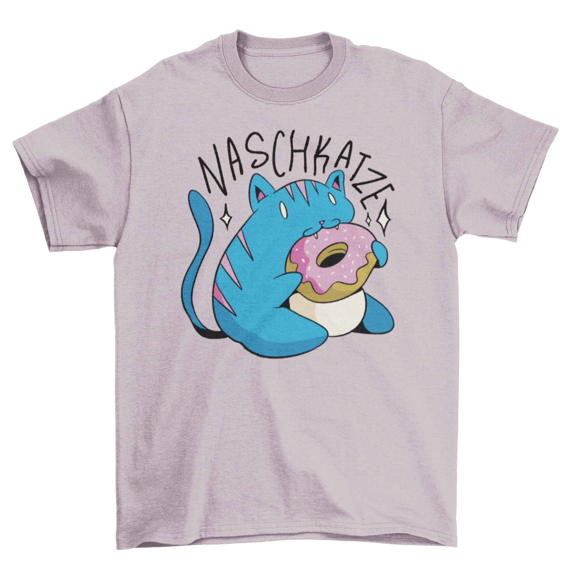 A cute Cat and Donut T-shirt featuring a playful cat eating a donut with the German quote 'Sweet Tooth'.