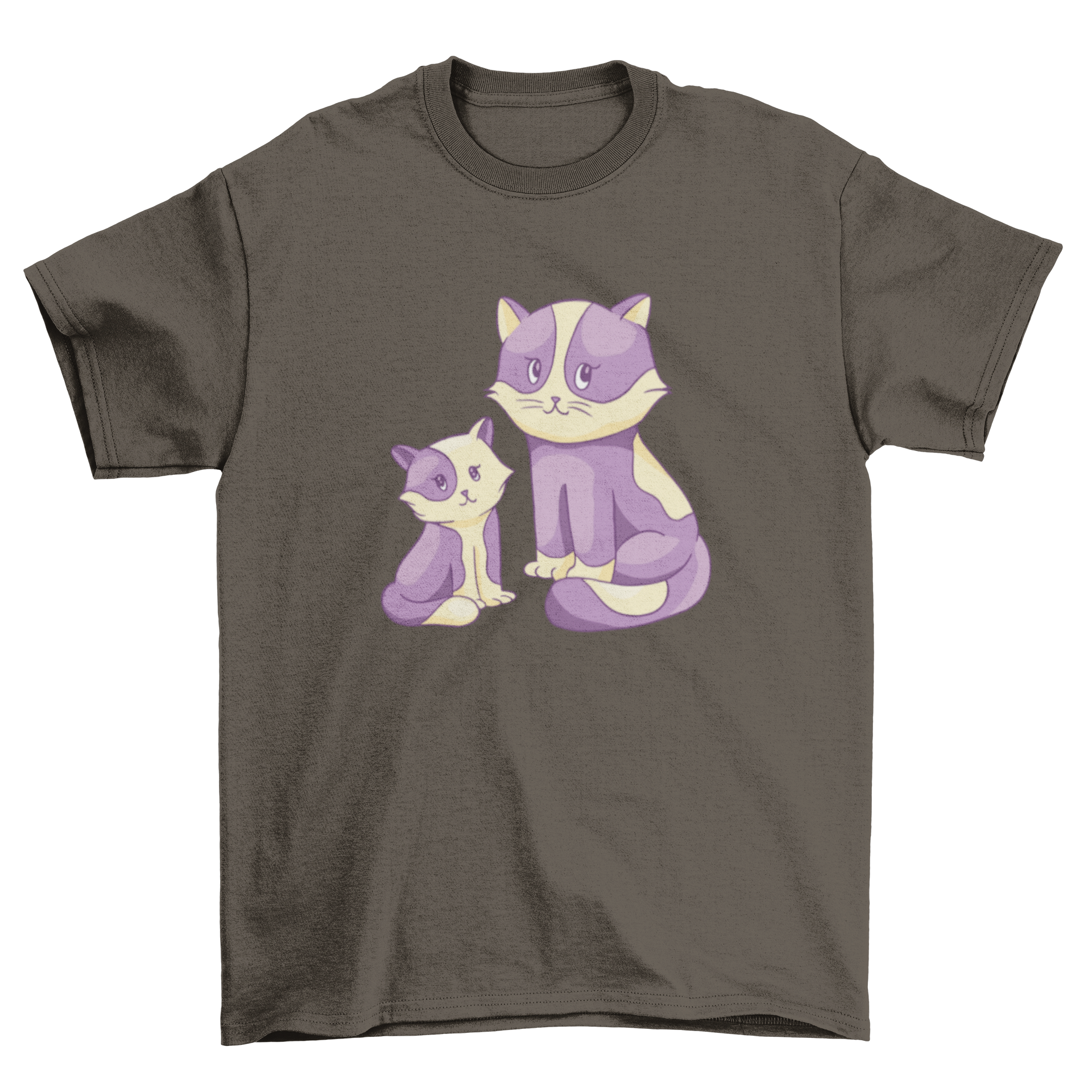 A cute t-shirt featuring an illustration of a cat and a kitten sitting together, showcasing their playful bond.