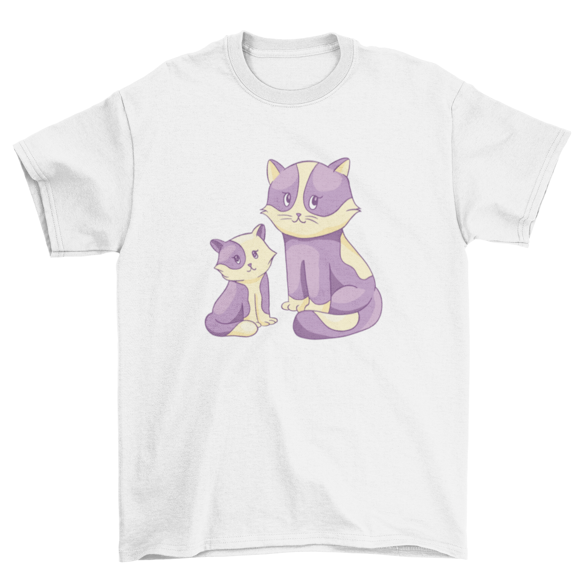 A cute t-shirt featuring an illustration of a cat and a kitten sitting together, showcasing their playful bond.