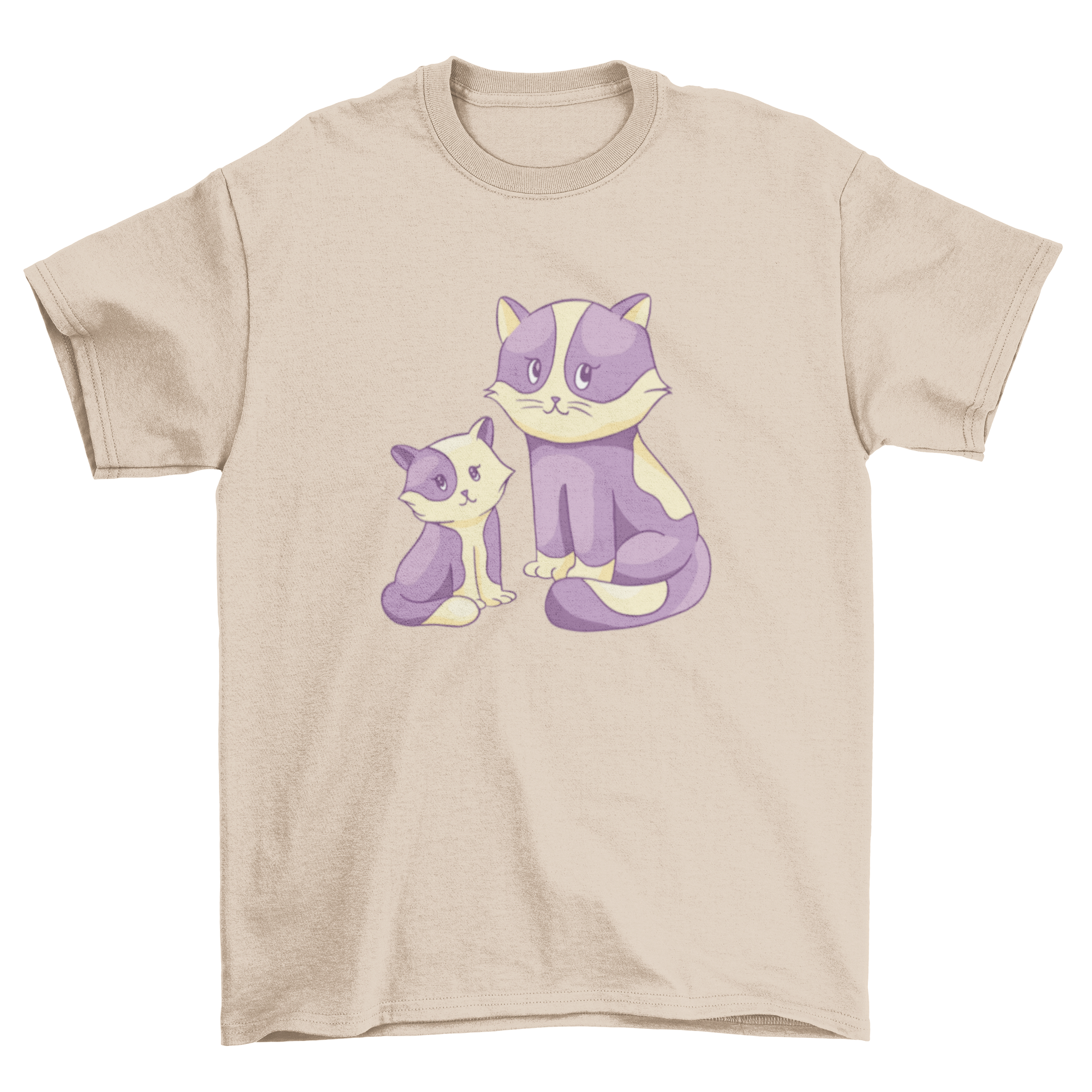 A cute t-shirt featuring an illustration of a cat and a kitten sitting together, showcasing their playful bond.