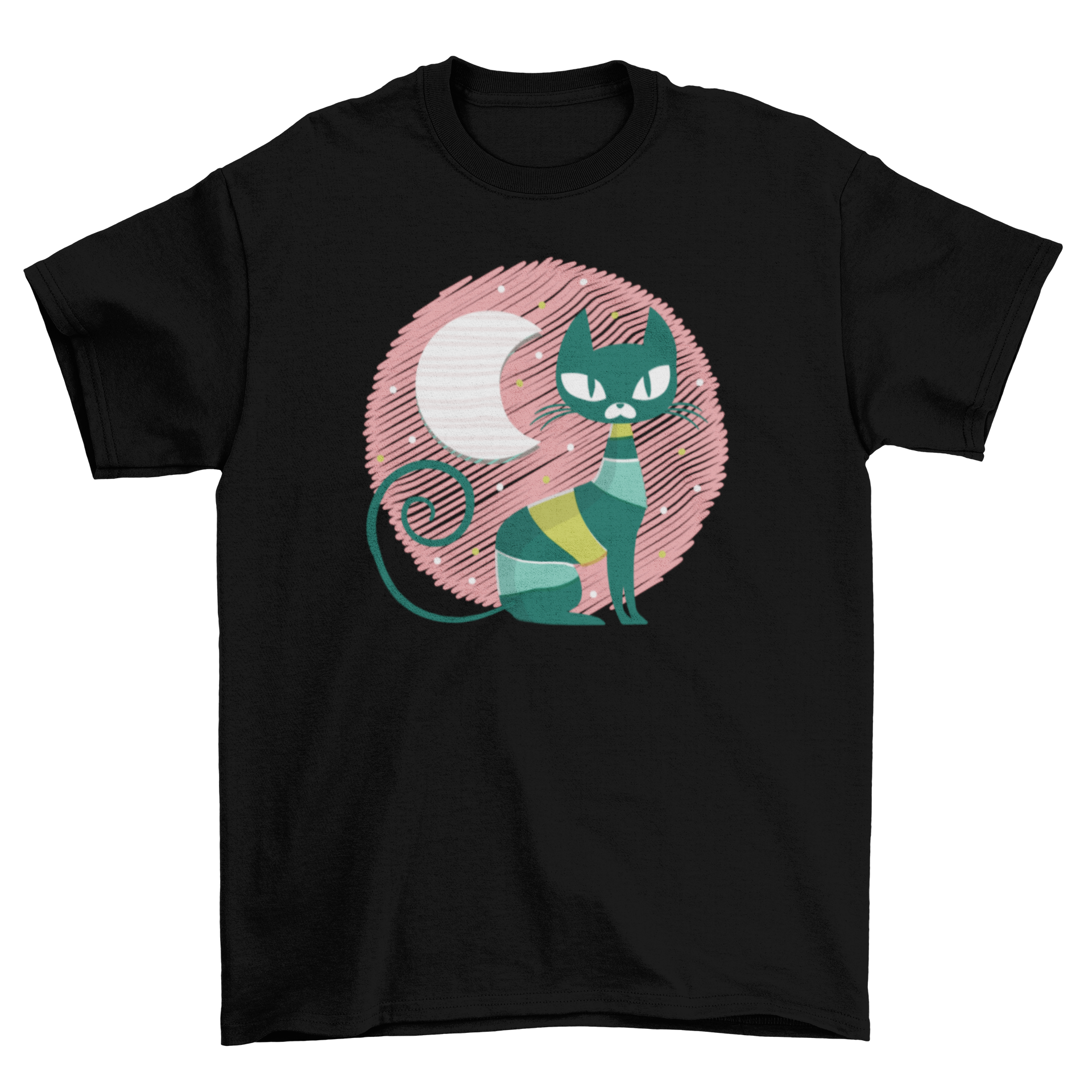 A toddler t-shirt featuring a cute illustrated cat sitting beside a crescent moon, designed for comfort and style.