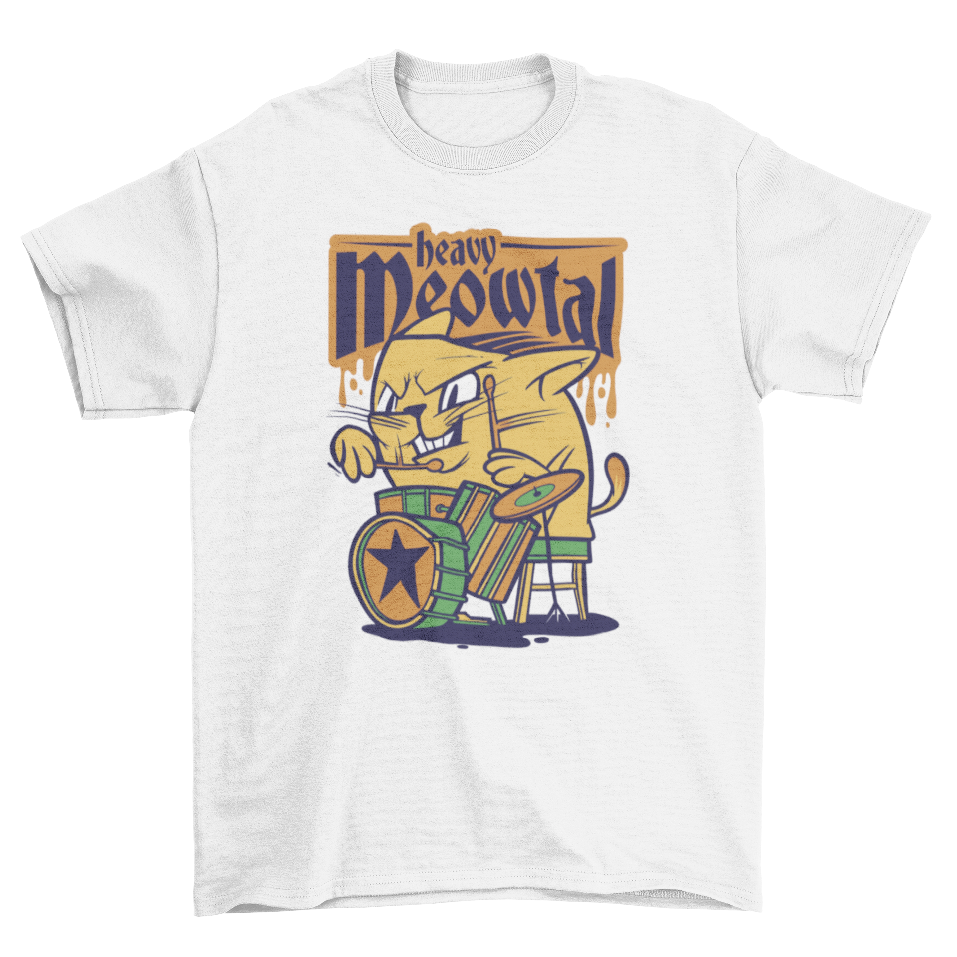 A playful t-shirt design featuring a cat energetically playing drums with the quote 'Heavy Meowtal'.