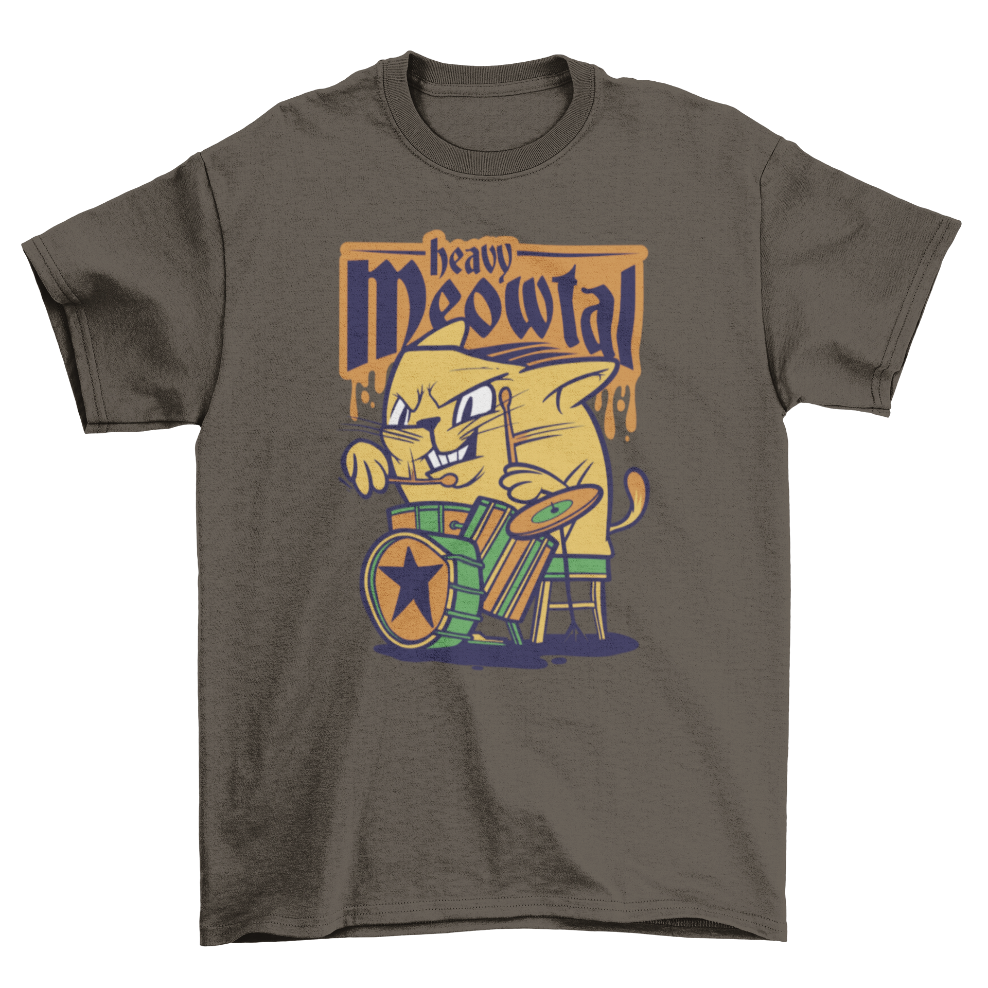 A playful t-shirt design featuring a cat energetically playing drums with the quote 'Heavy Meowtal'.