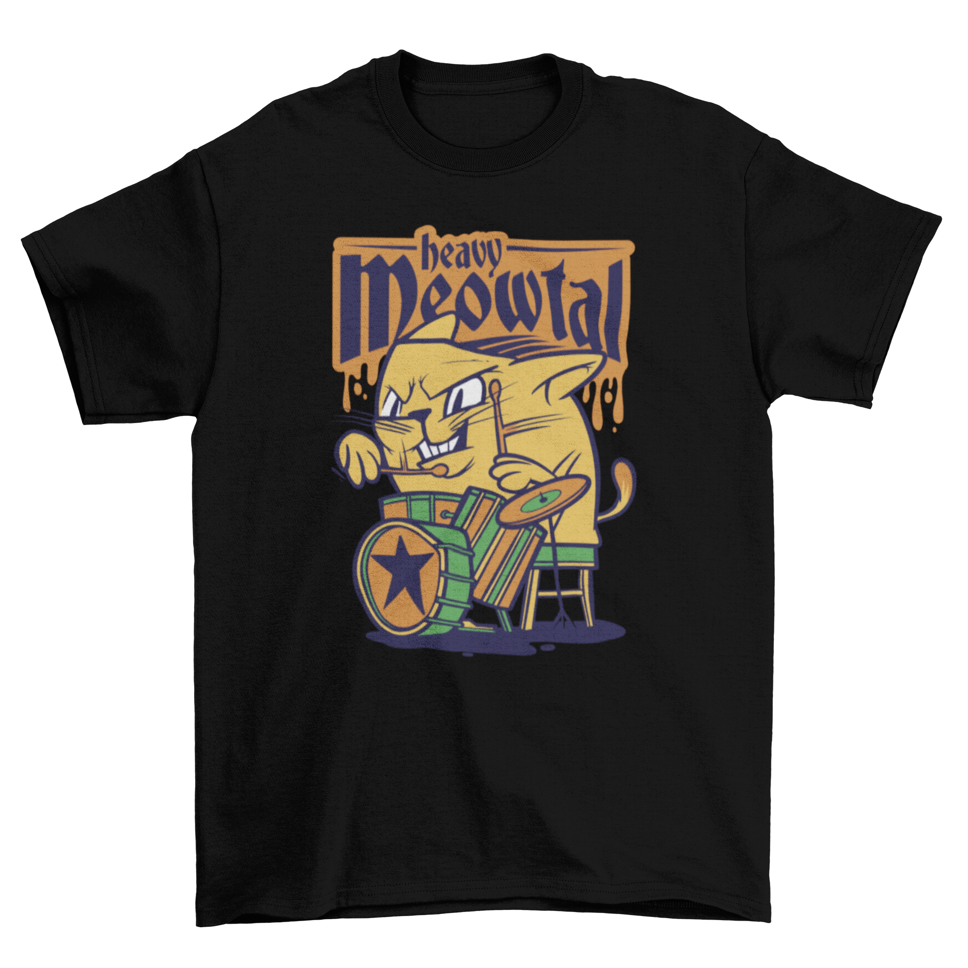 A playful t-shirt design featuring a cat energetically playing drums with the quote 'Heavy Meowtal'.