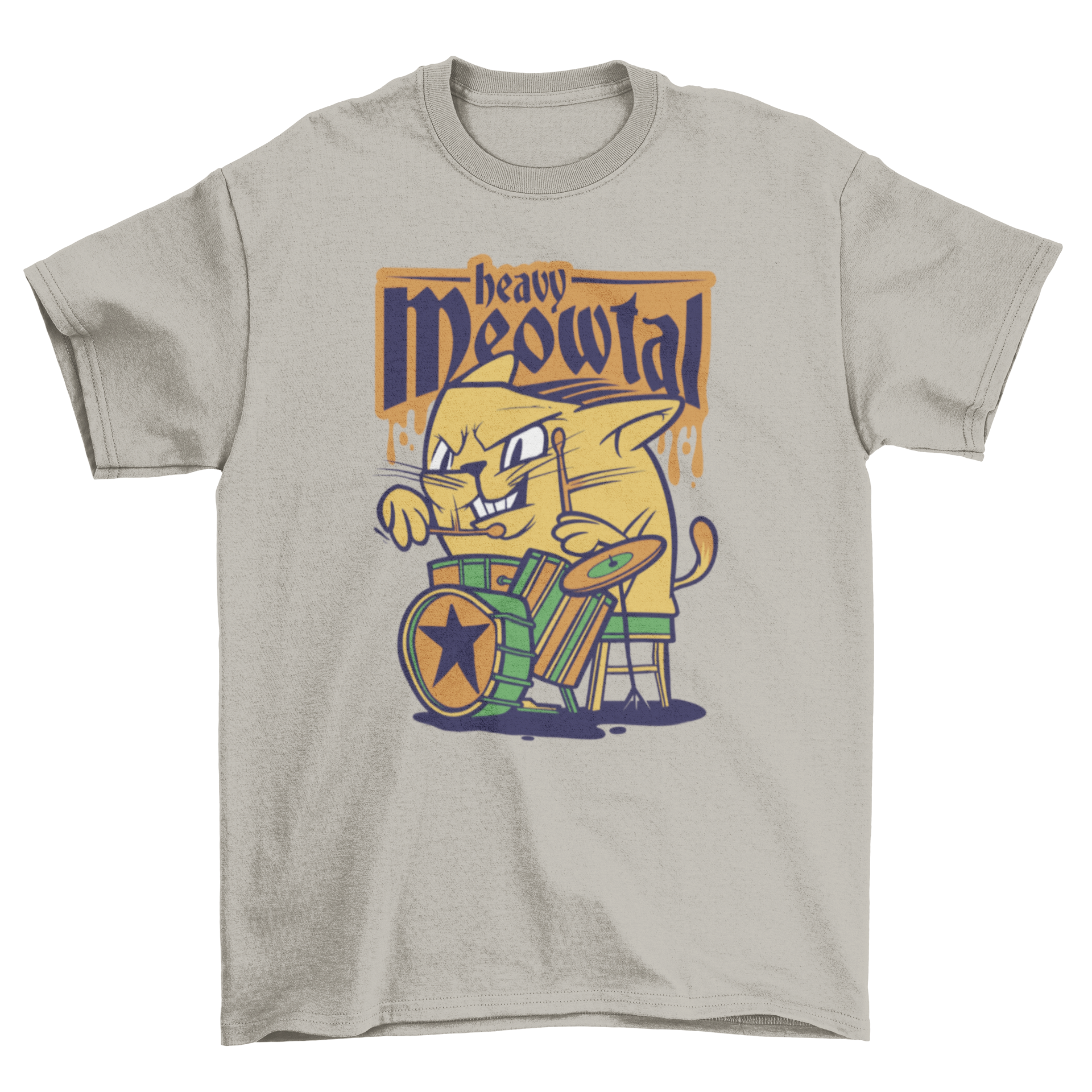 A playful t-shirt design featuring a cat energetically playing drums with the quote 'Heavy Meowtal'.