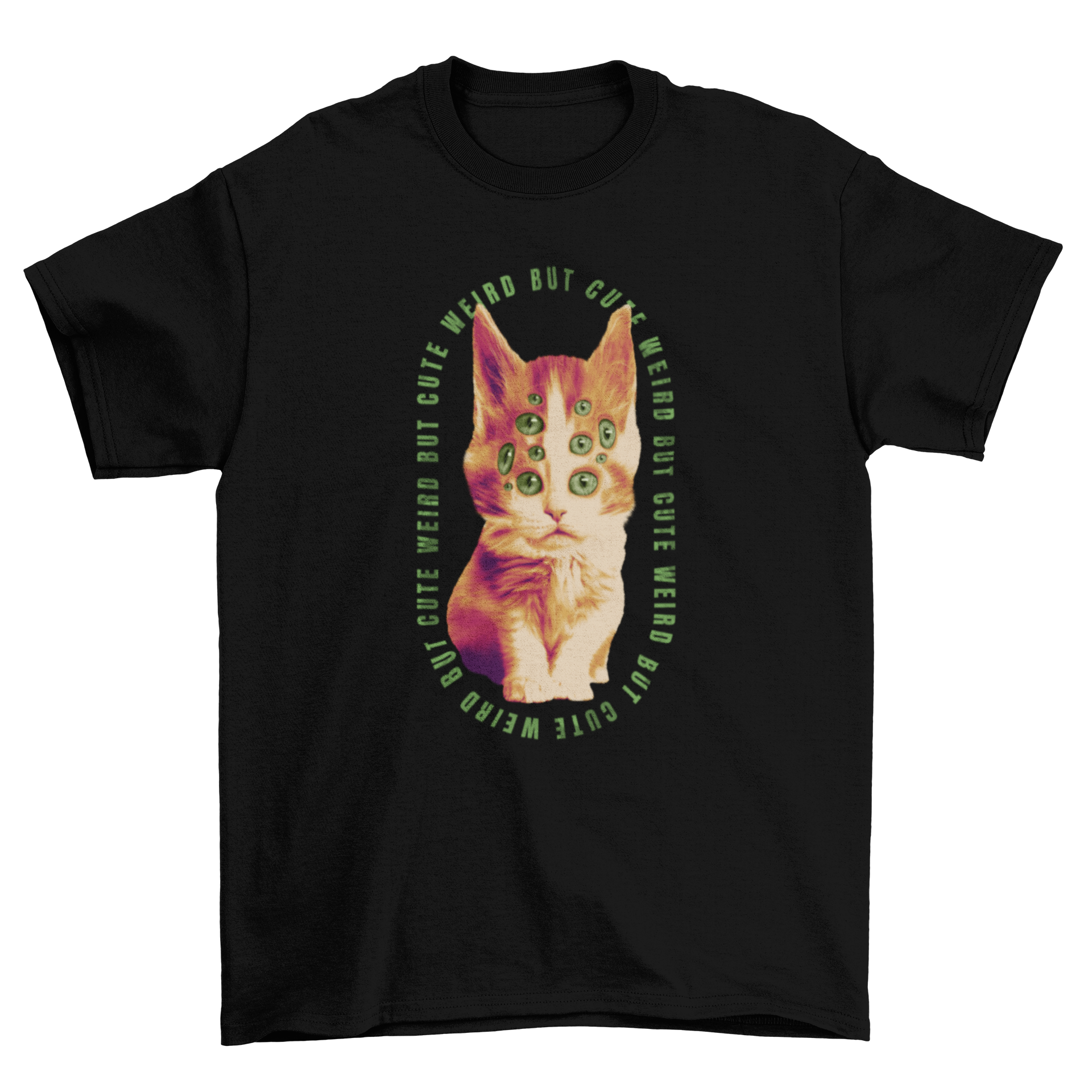 A whimsical t-shirt featuring a cat with multiple eyes, showcasing a unique and playful design.