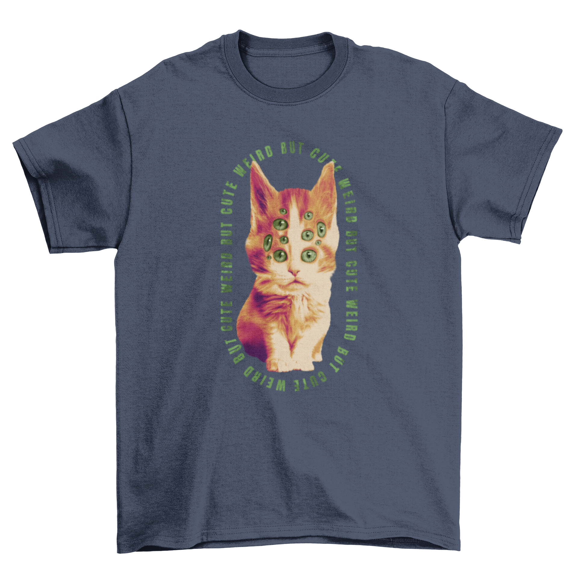 A whimsical t-shirt featuring a cat with multiple eyes, showcasing a unique and playful design.