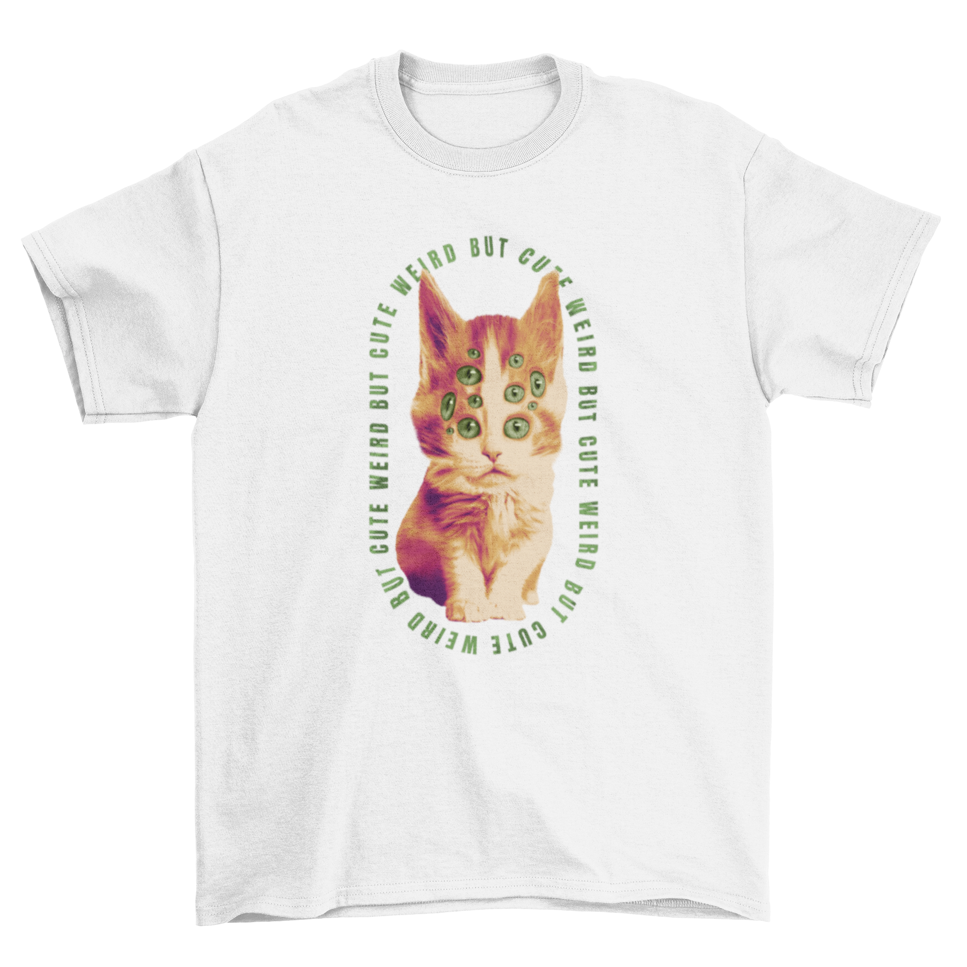 A whimsical t-shirt featuring a cat with multiple eyes, showcasing a unique and playful design.