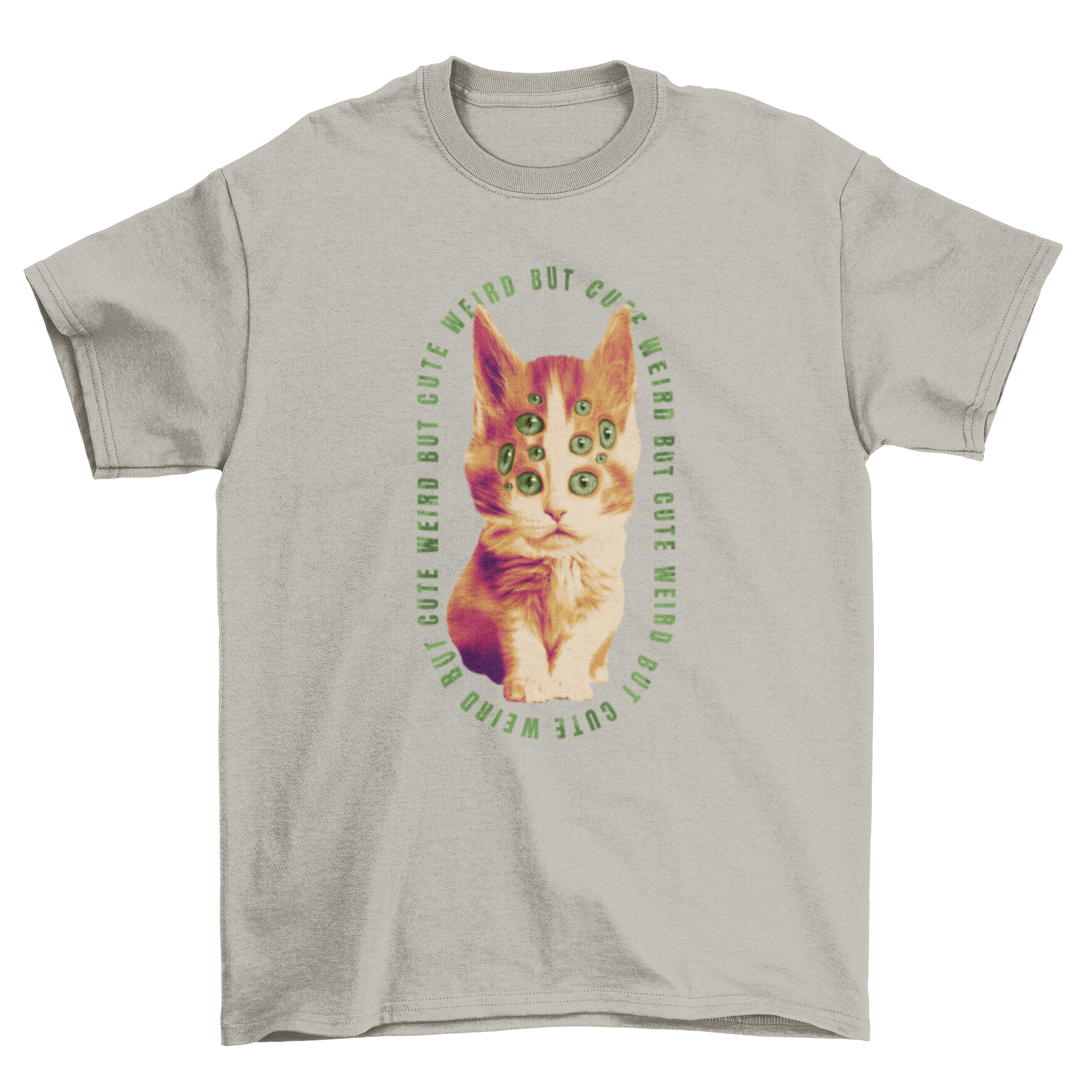 A whimsical t-shirt featuring a cat with multiple eyes, showcasing a unique and playful design.