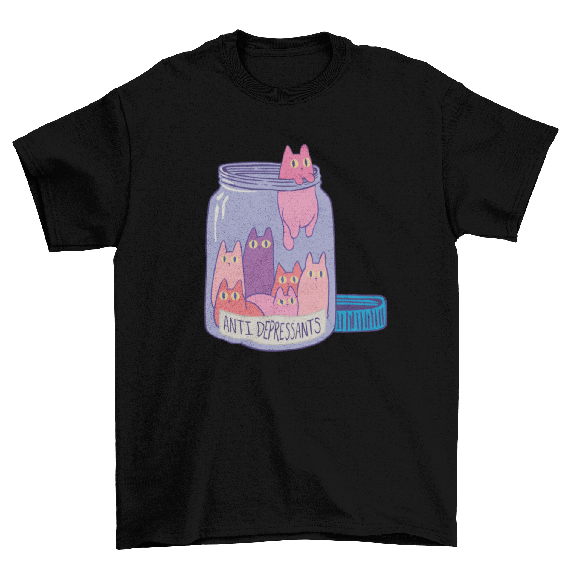 A cute t-shirt featuring a mason jar filled with small cats and the text 'Antidepressants', perfect for cat lovers.