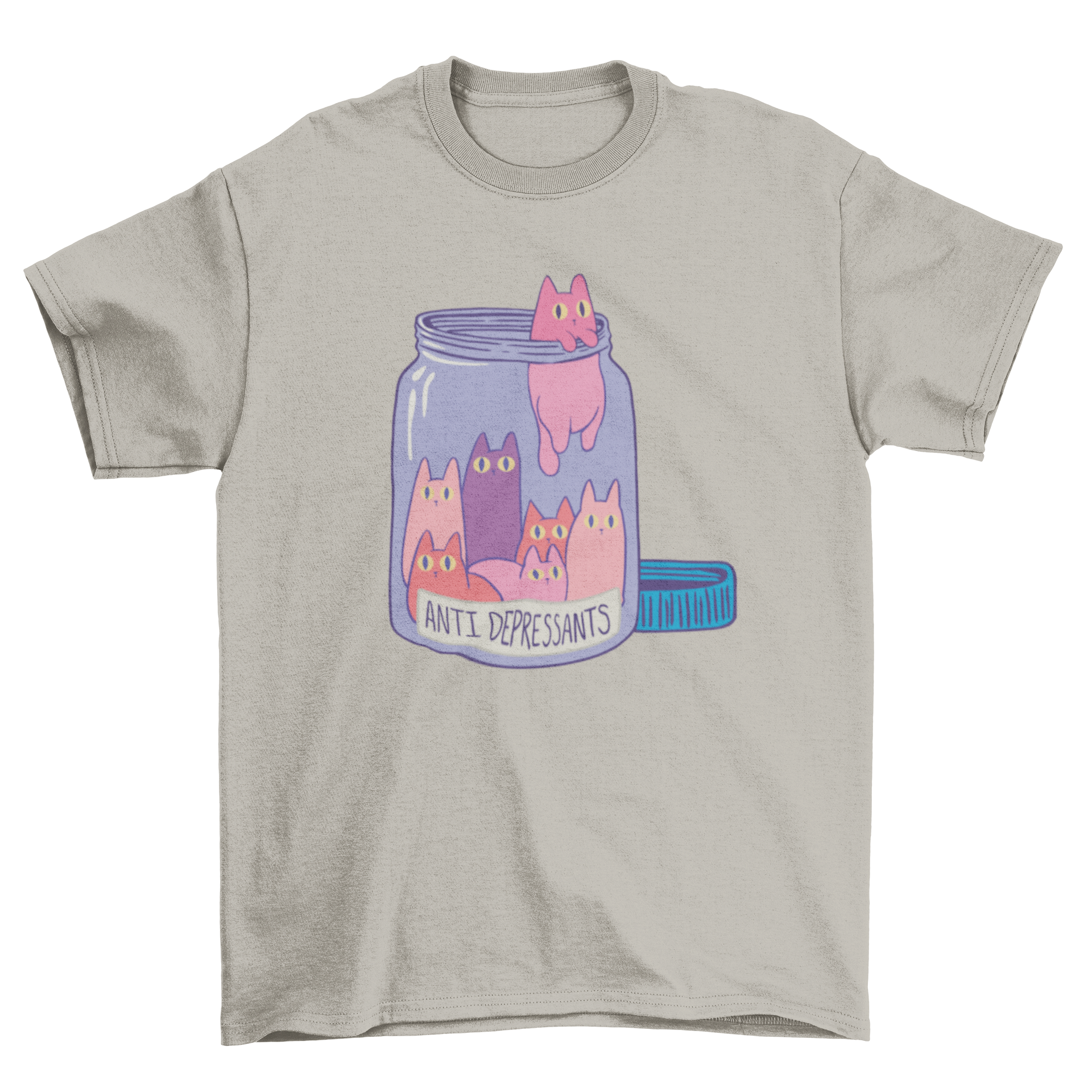 A cute t-shirt featuring a mason jar filled with small cats and the text 'Antidepressants', perfect for cat lovers.