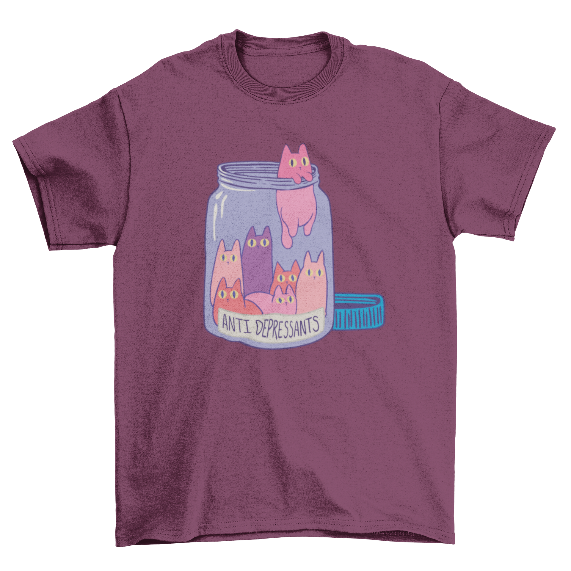 A cute t-shirt featuring a mason jar filled with small cats and the text 'Antidepressants', perfect for cat lovers.