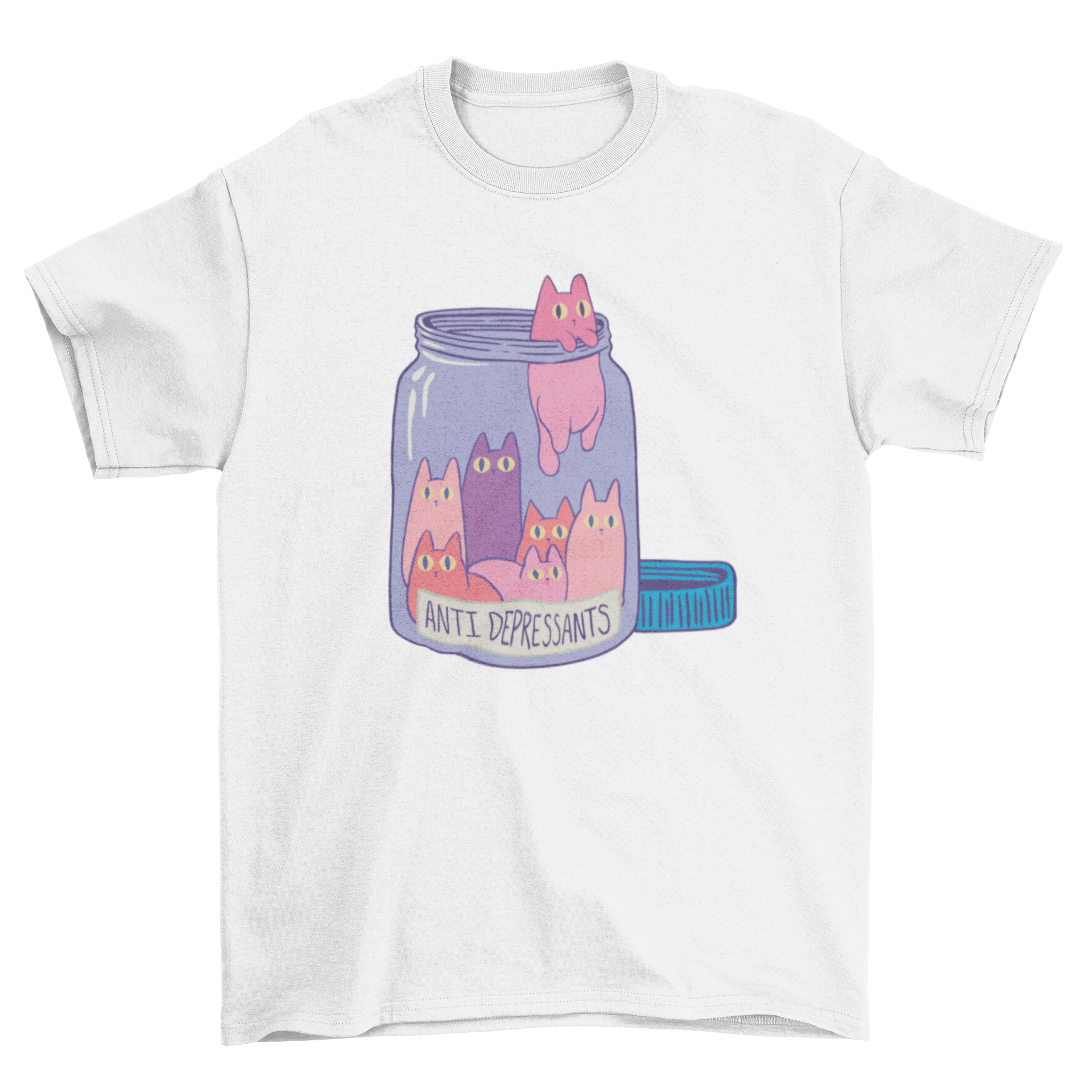 A cute t-shirt featuring a mason jar filled with small cats and the text 'Antidepressants', perfect for cat lovers.