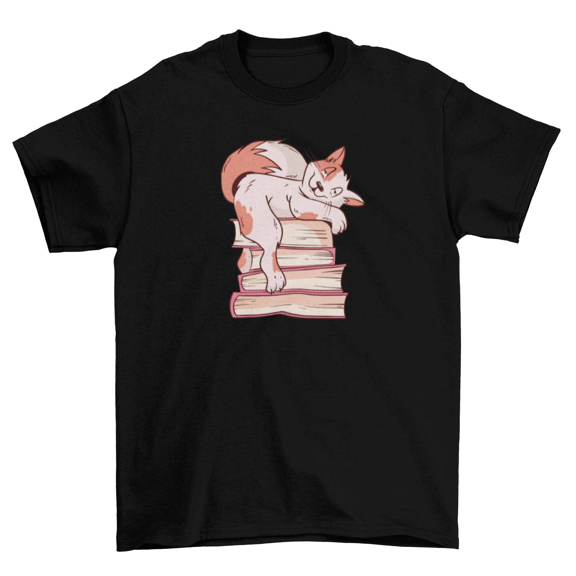 A colorful t-shirt featuring a cartoon cat lounging on a stack of books, perfect for cat lovers and book enthusiasts.