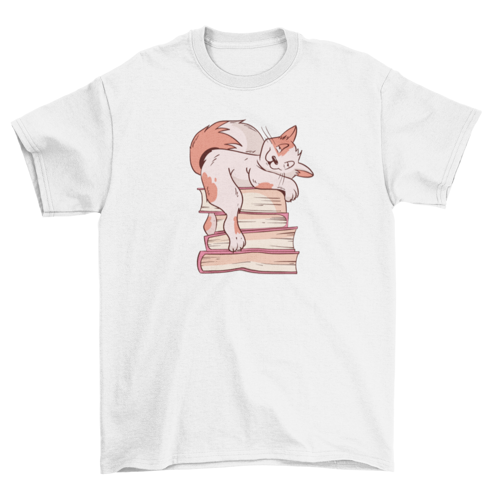 A colorful t-shirt featuring a cartoon cat lounging on a stack of books, perfect for cat lovers and book enthusiasts.