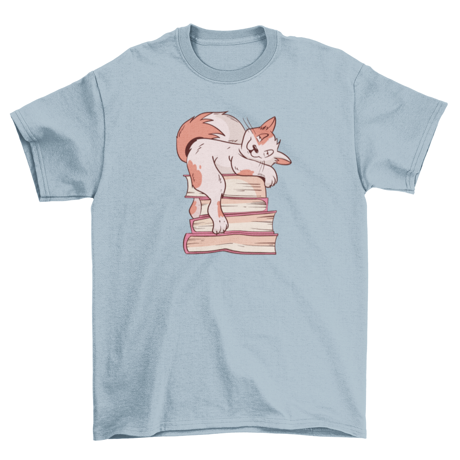 A colorful t-shirt featuring a cartoon cat lounging on a stack of books, perfect for cat lovers and book enthusiasts.