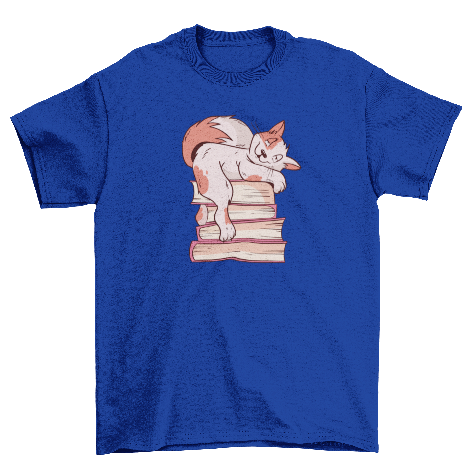 A colorful t-shirt featuring a cartoon cat lounging on a stack of books, perfect for cat lovers and book enthusiasts.