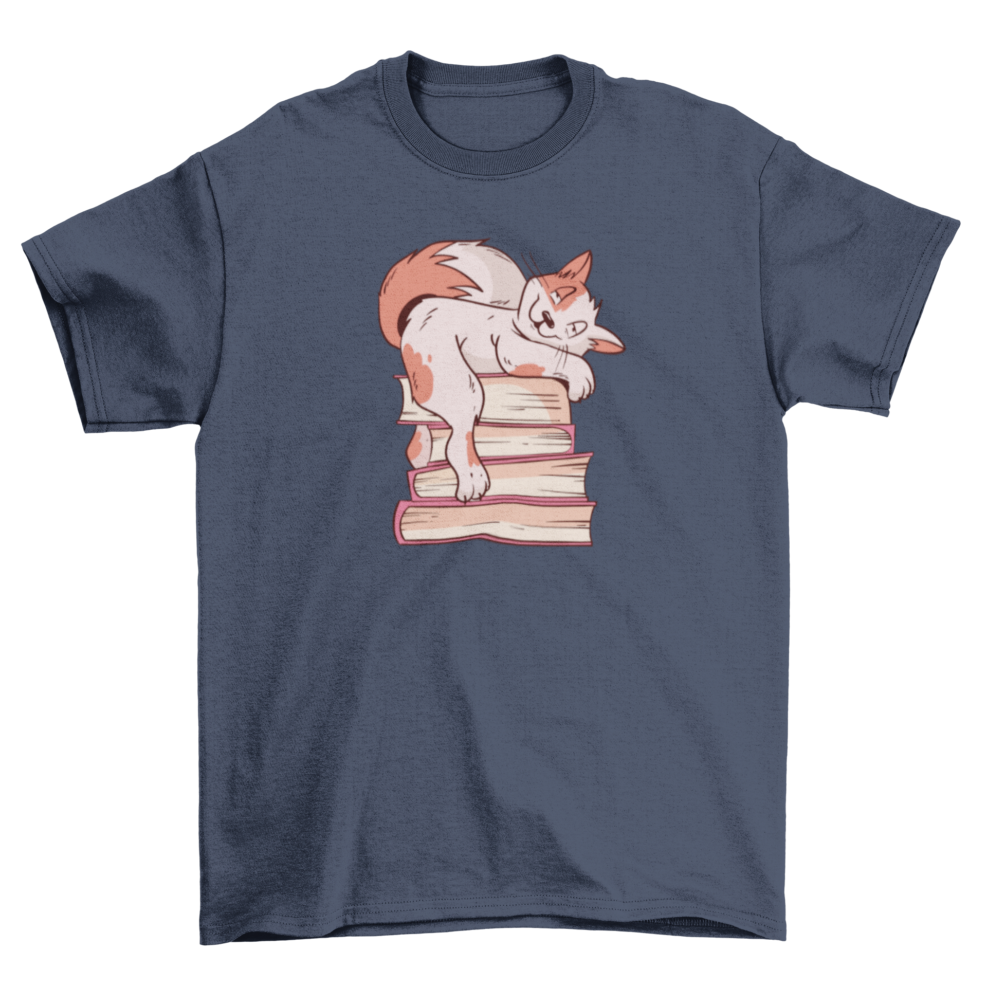 A colorful t-shirt featuring a cartoon cat lounging on a stack of books, perfect for cat lovers and book enthusiasts.