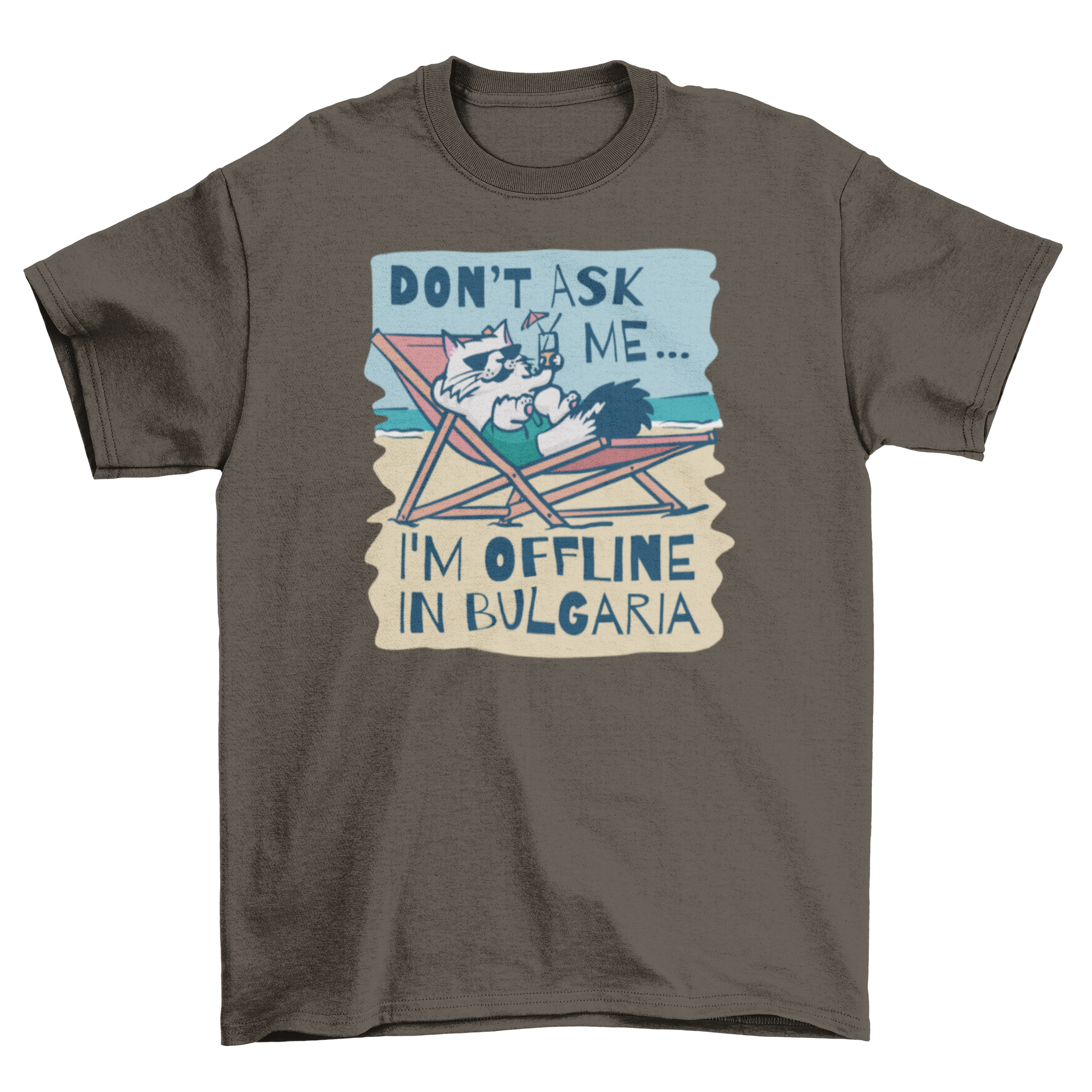 A playful t-shirt featuring a cat relaxing on the beach with the quote 'I'm offline in Bulgaria'.