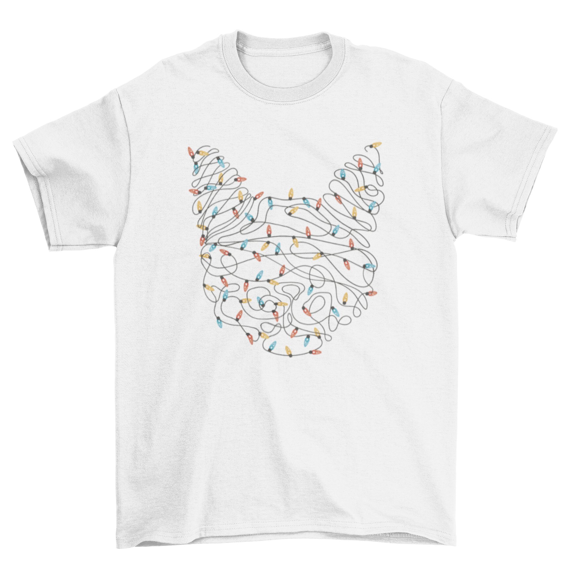 A festive t-shirt featuring a cat's head made of colorful Christmas lights, perfect for holiday celebrations.