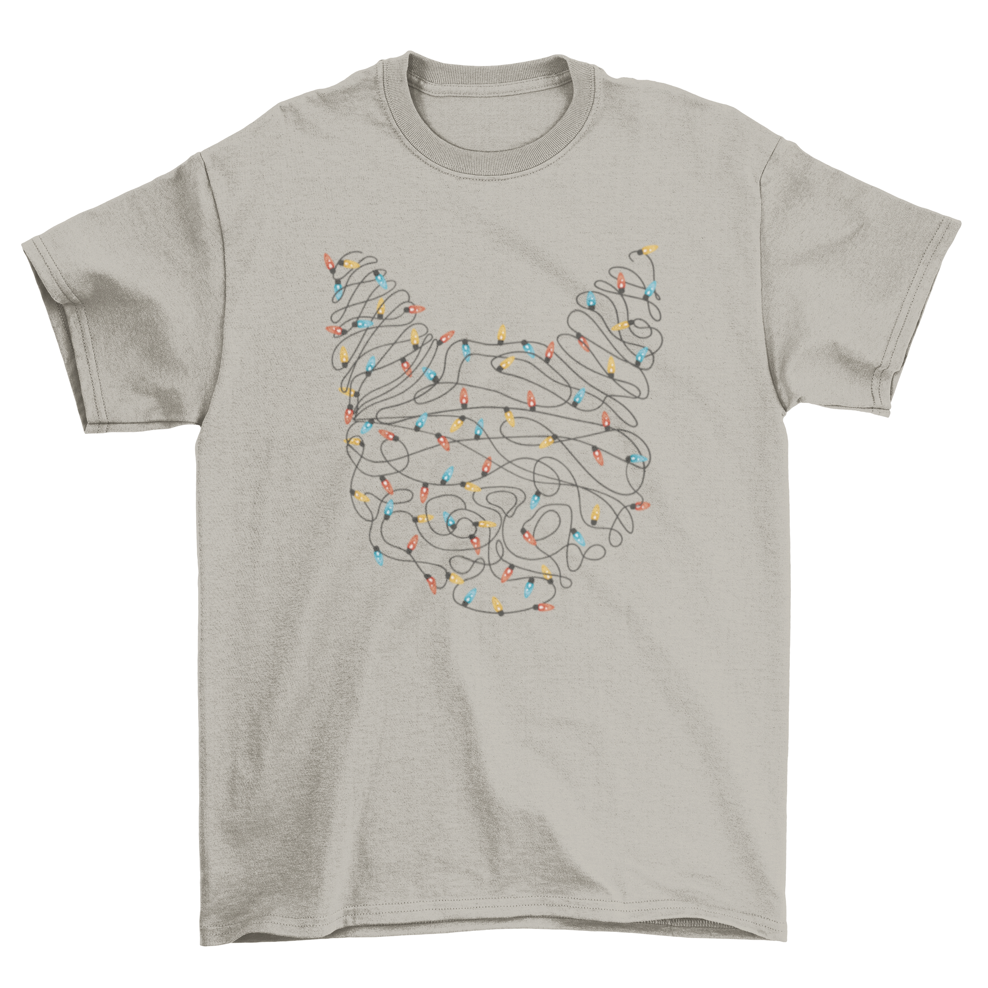 A festive t-shirt featuring a cat's head made of colorful Christmas lights, perfect for holiday celebrations.