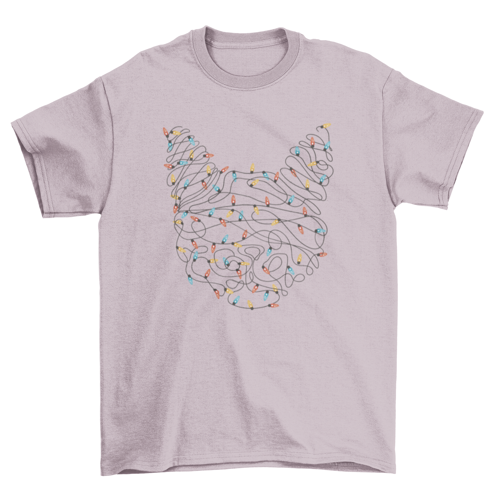 A festive t-shirt featuring a cat's head made of colorful Christmas lights, perfect for holiday celebrations.