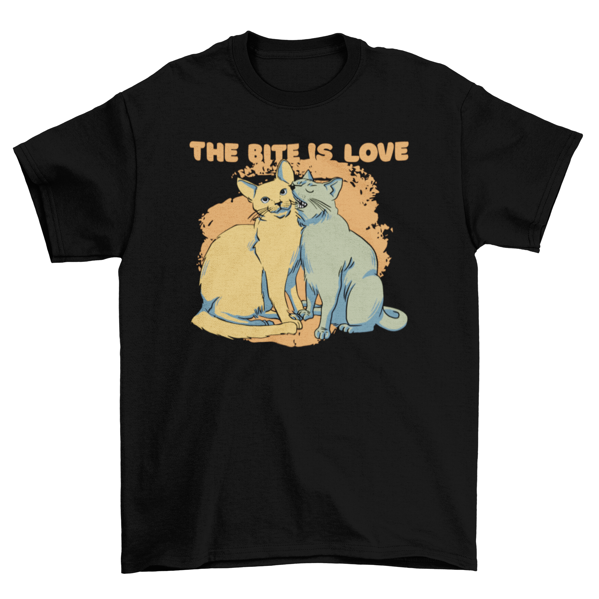 Adorable t-shirt featuring two cats kissing with playful bite and quote 'The bite is love'.