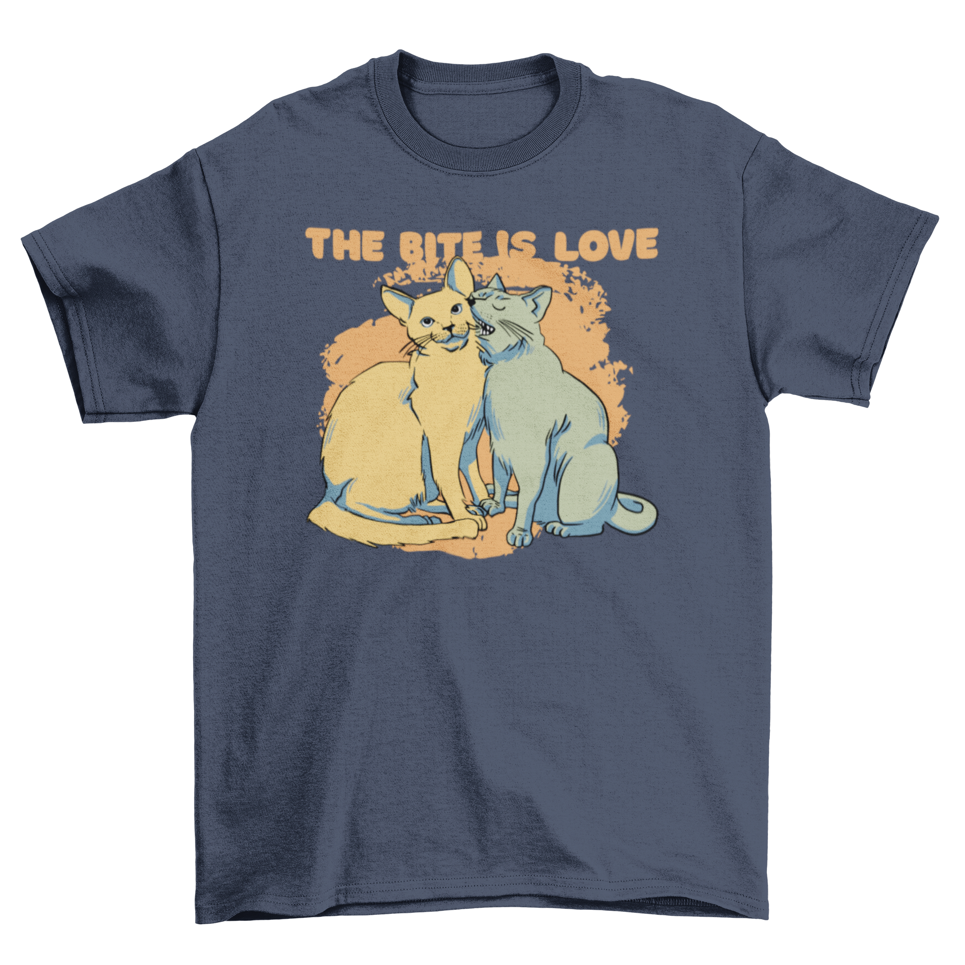 Adorable t-shirt featuring two cats kissing with playful bite and quote 'The bite is love'.