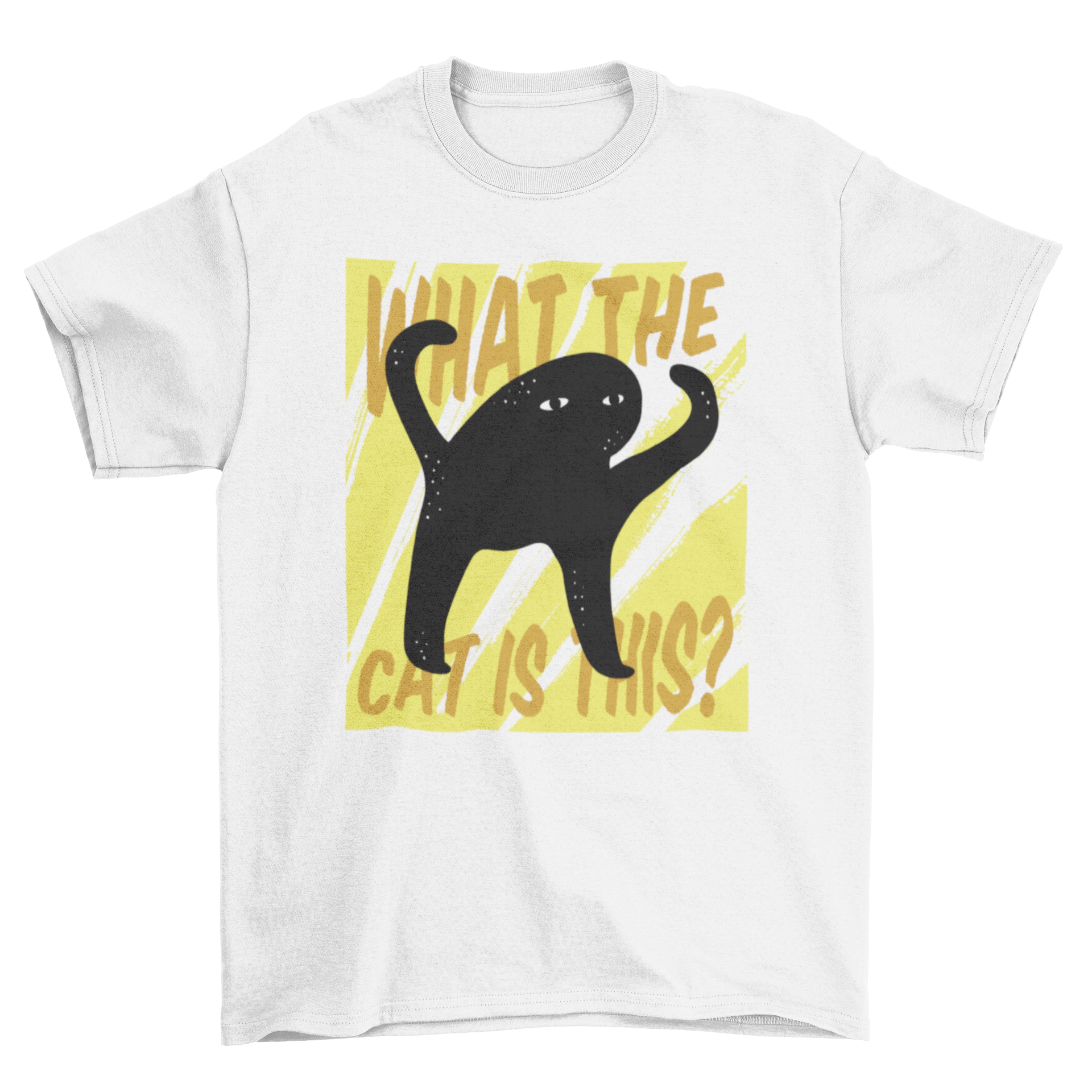 A quirky Cat Creature T-shirt featuring a strange cat-shaped creature illustration and the text 'What the cat is this?'