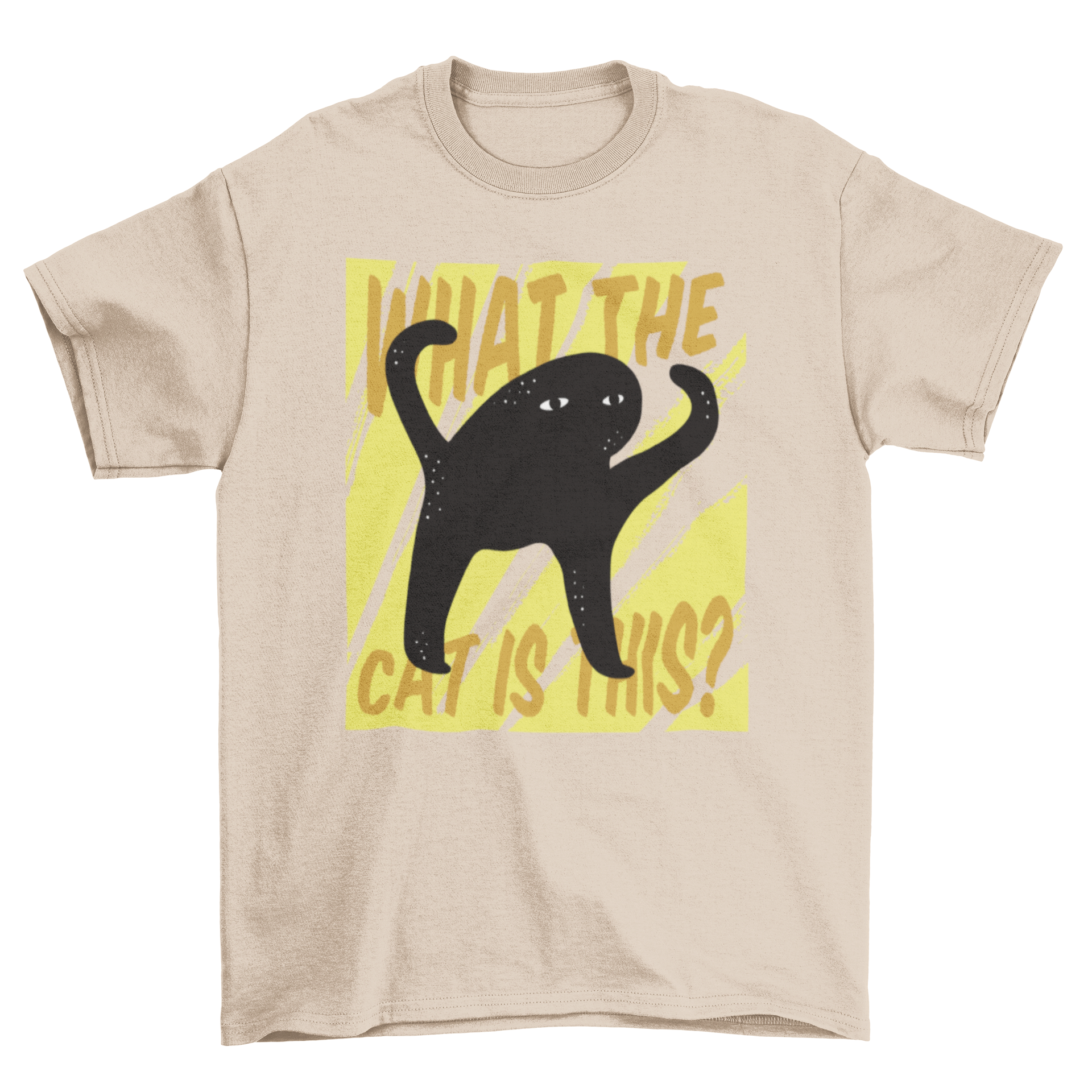 A quirky Cat Creature T-shirt featuring a strange cat-shaped creature illustration and the text 'What the cat is this?'