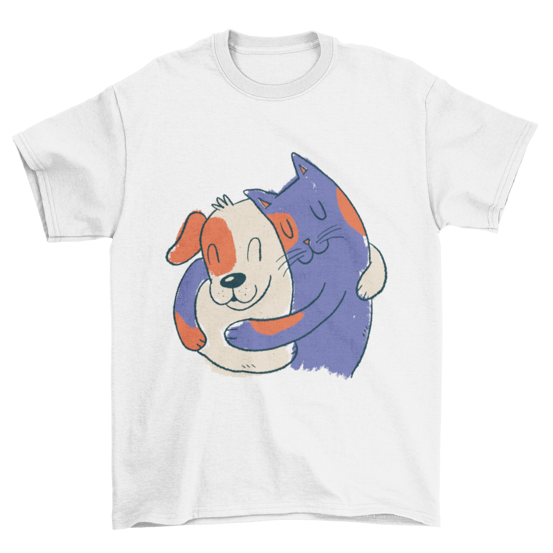 A soft t-shirt featuring a heartwarming illustration of a cat and dog hugging each other, perfect for pet lovers.