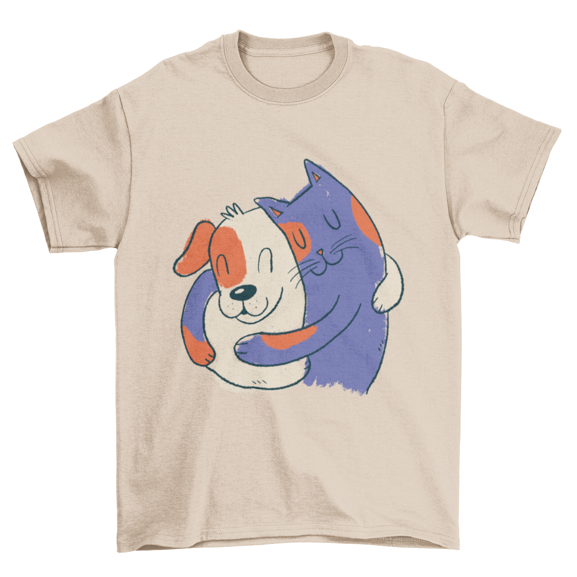 A soft t-shirt featuring a heartwarming illustration of a cat and dog hugging each other, perfect for pet lovers.