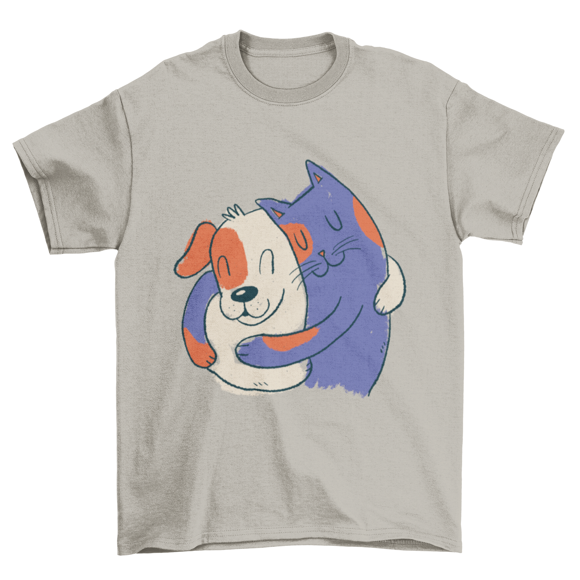 A soft t-shirt featuring a heartwarming illustration of a cat and dog hugging each other, perfect for pet lovers.