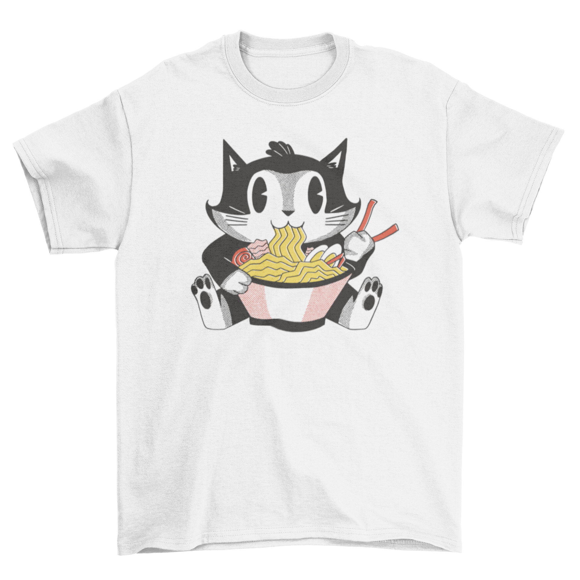 A playful retro cartoon t-shirt featuring a cat joyfully eating ramen, showcasing vibrant colors and a fun design.