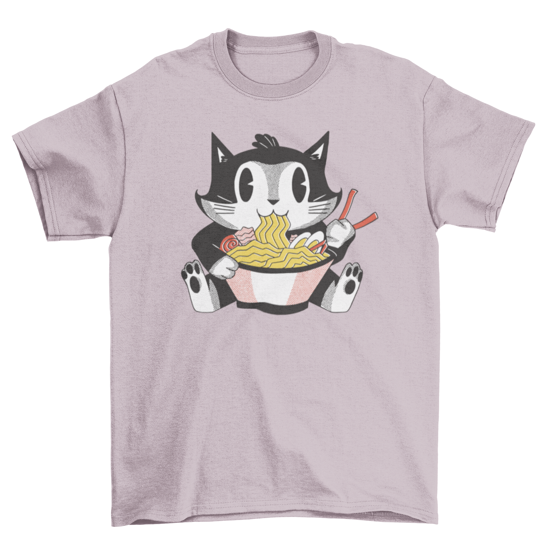 A playful retro cartoon t-shirt featuring a cat joyfully eating ramen, showcasing vibrant colors and a fun design.