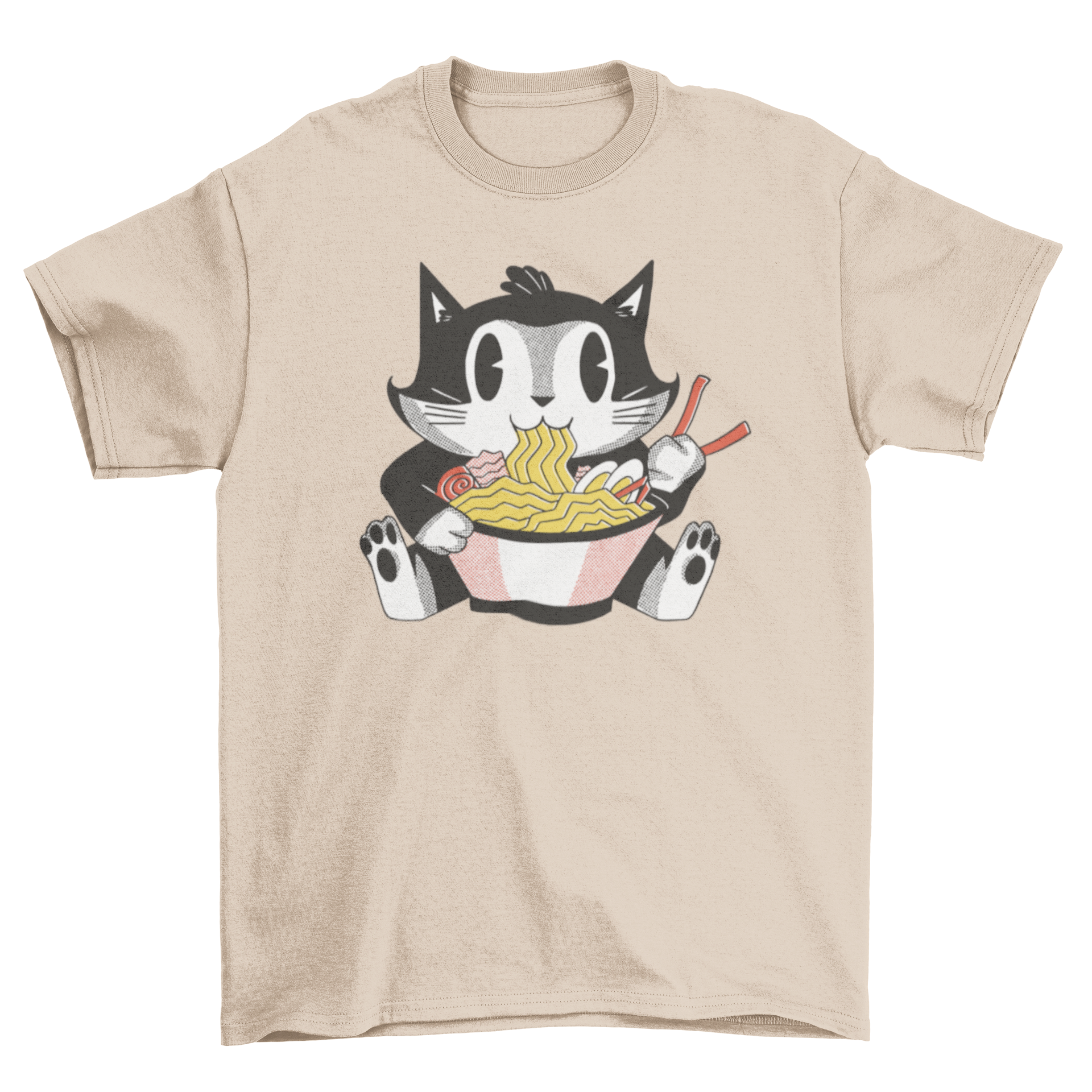 A playful retro cartoon t-shirt featuring a cat joyfully eating ramen, showcasing vibrant colors and a fun design.